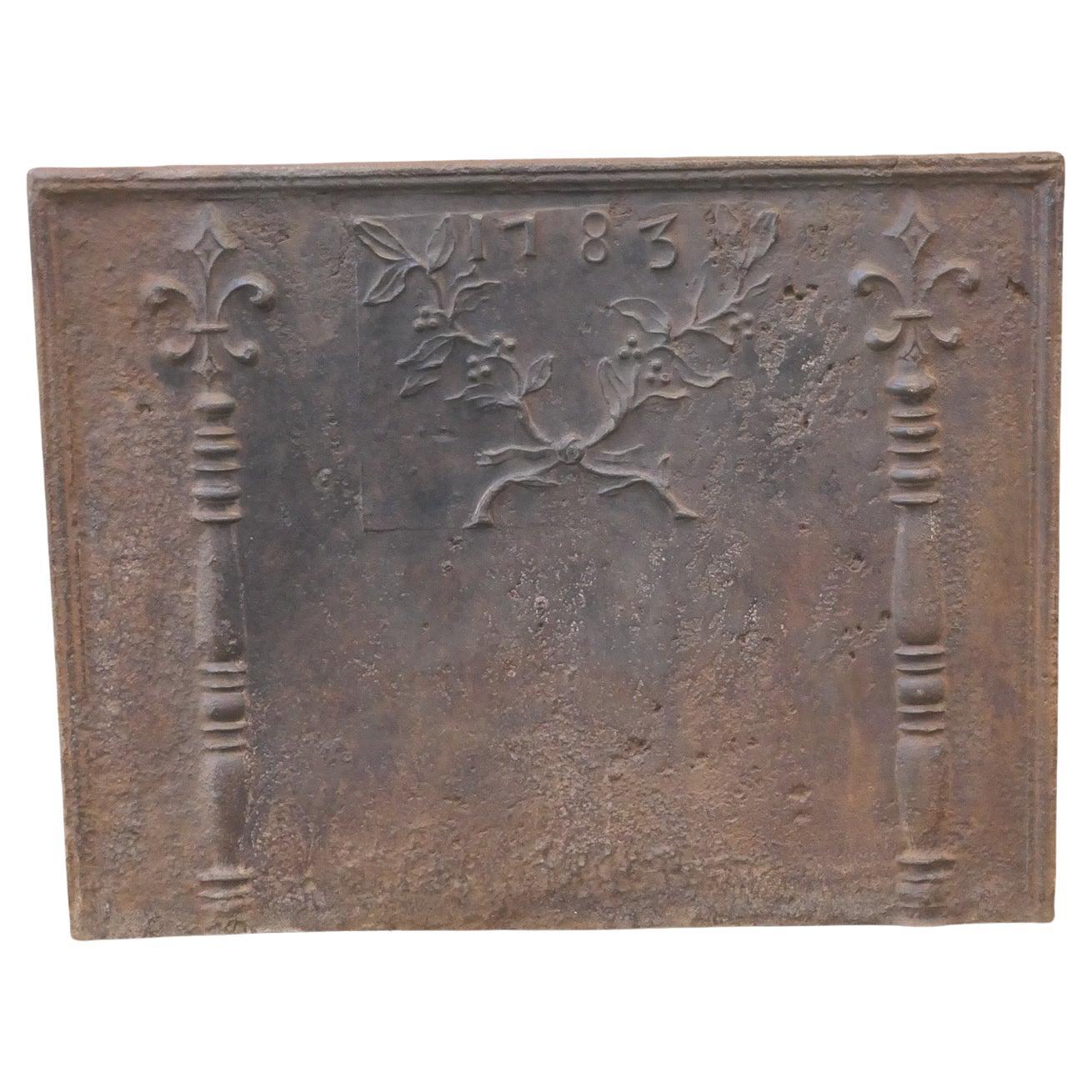 Caminetto francese del XVIII secolo di epoca Luigi XV con due colonne d'Ercole sormontate da Fleurs de Lys e una decorazione floreale. I pilastri rappresentano la forza e l'ignoto. Si riferiscono alla clava di Ercole. I Fleurs de Lys, o gigli