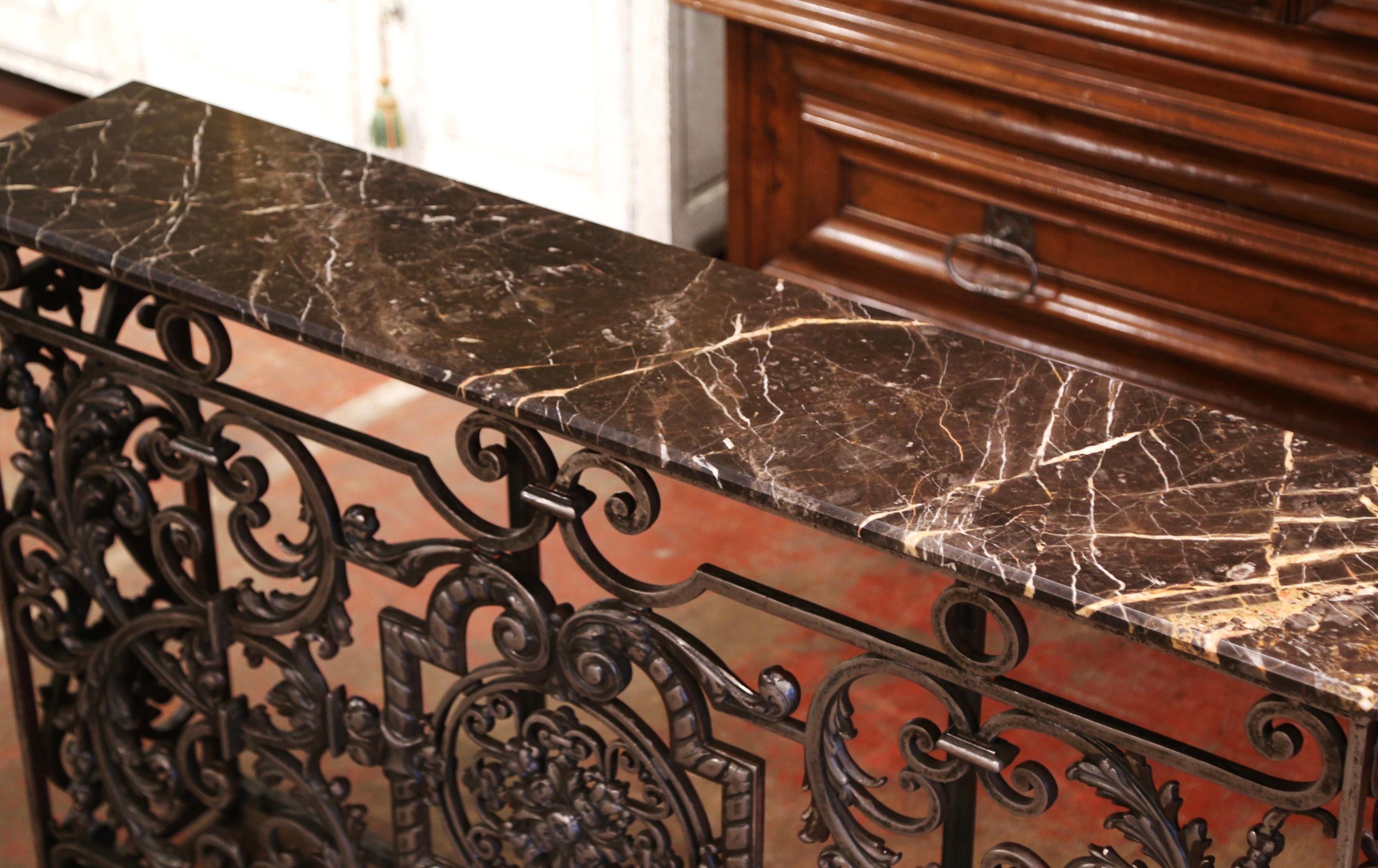 Forged 18th Century French Louis XV Polished Iron Console Table with Grey Marble Top