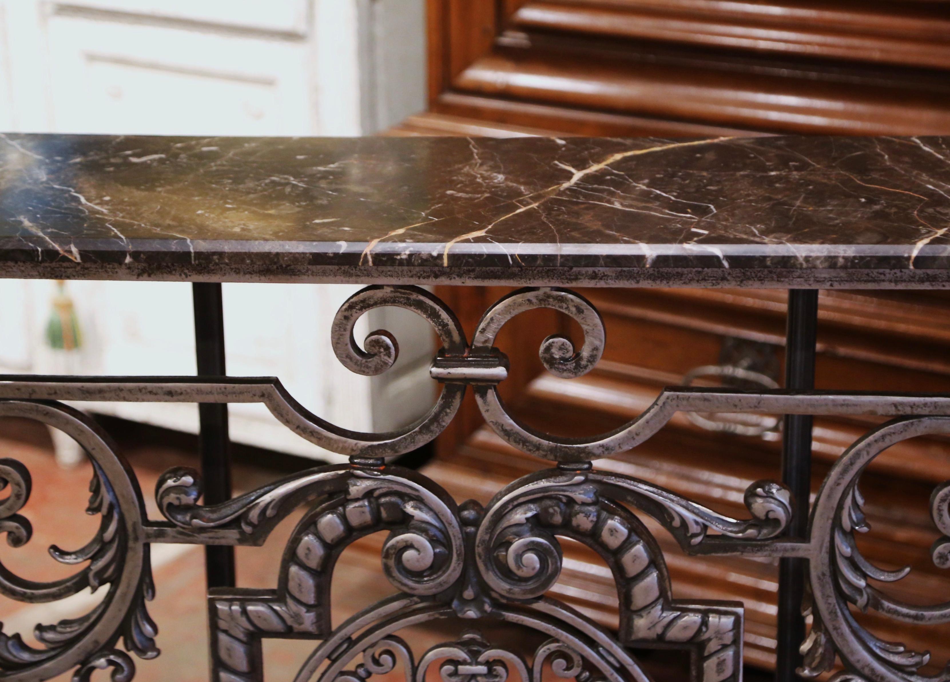 Wrought Iron 18th Century French Louis XV Polished Iron Console Table with Grey Marble Top