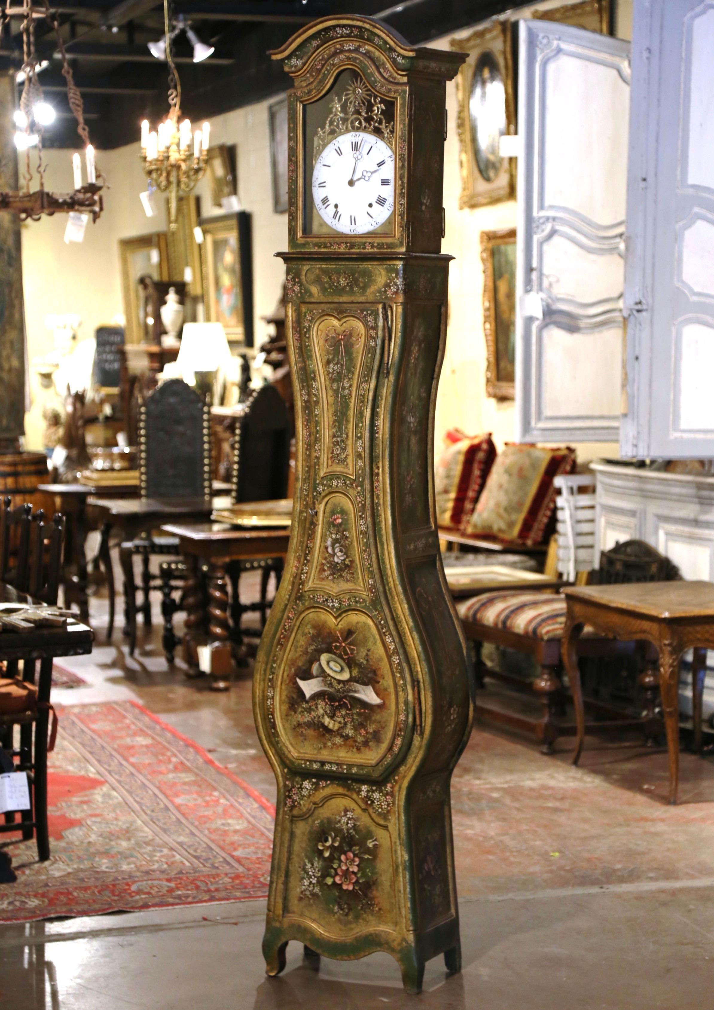 Hand-Carved 18th Century, French, Louis XV Provencal Carved Hand Painted Grandfather Clock