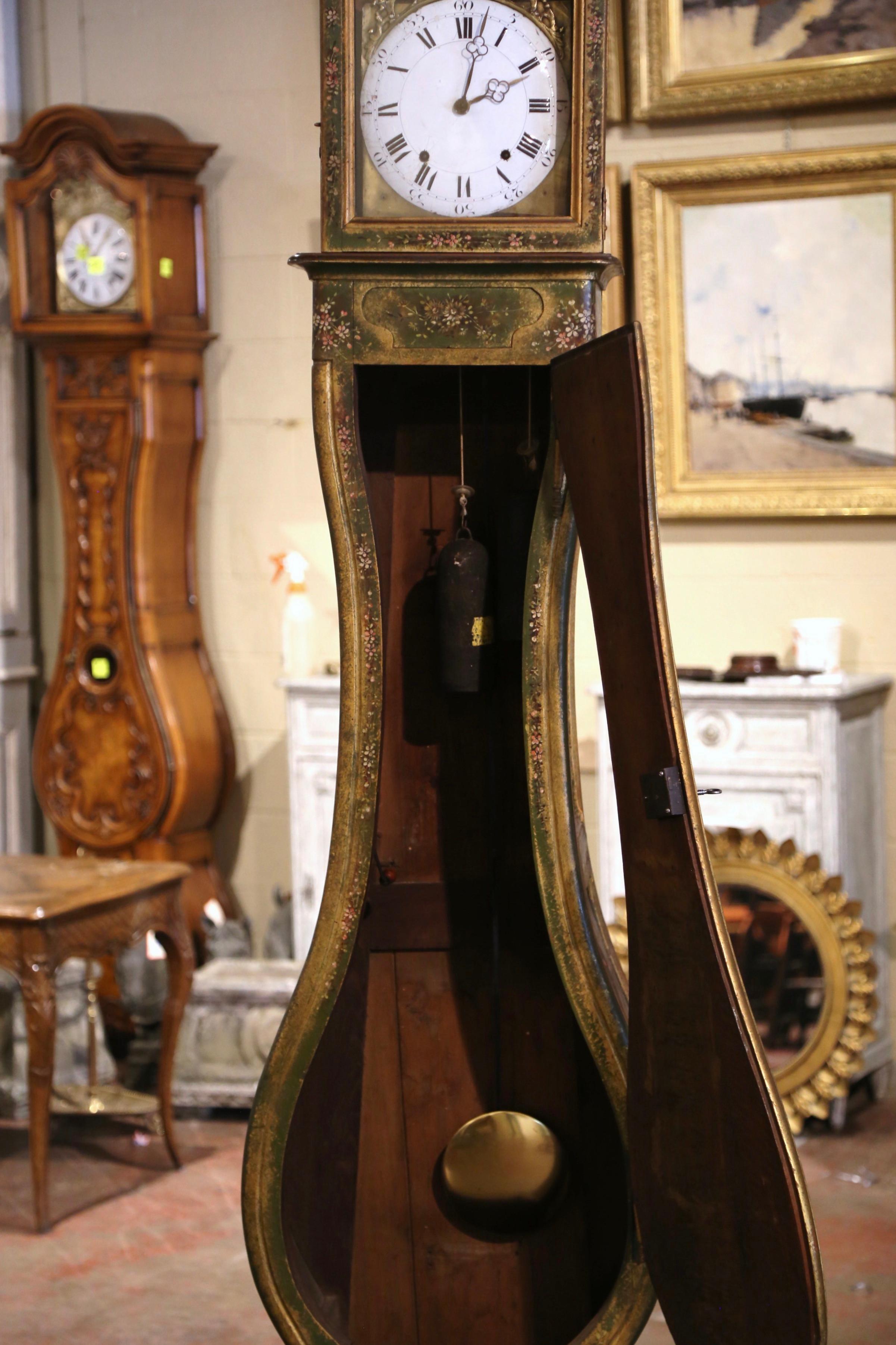 18th Century, French, Louis XV Provencal Carved Hand Painted Grandfather Clock In Excellent Condition In Dallas, TX