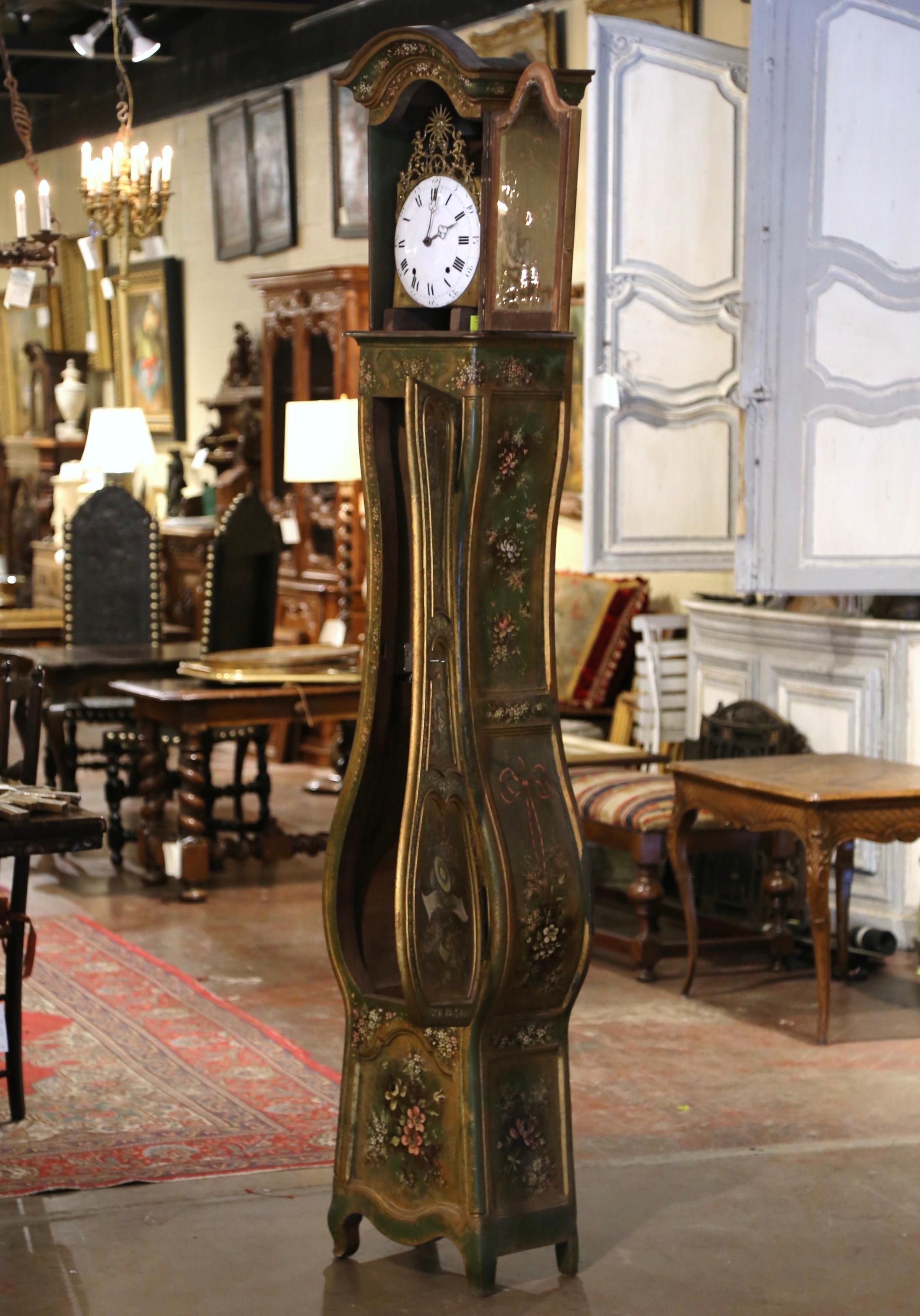 Walnut 18th Century, French, Louis XV Provencal Carved Hand Painted Grandfather Clock
