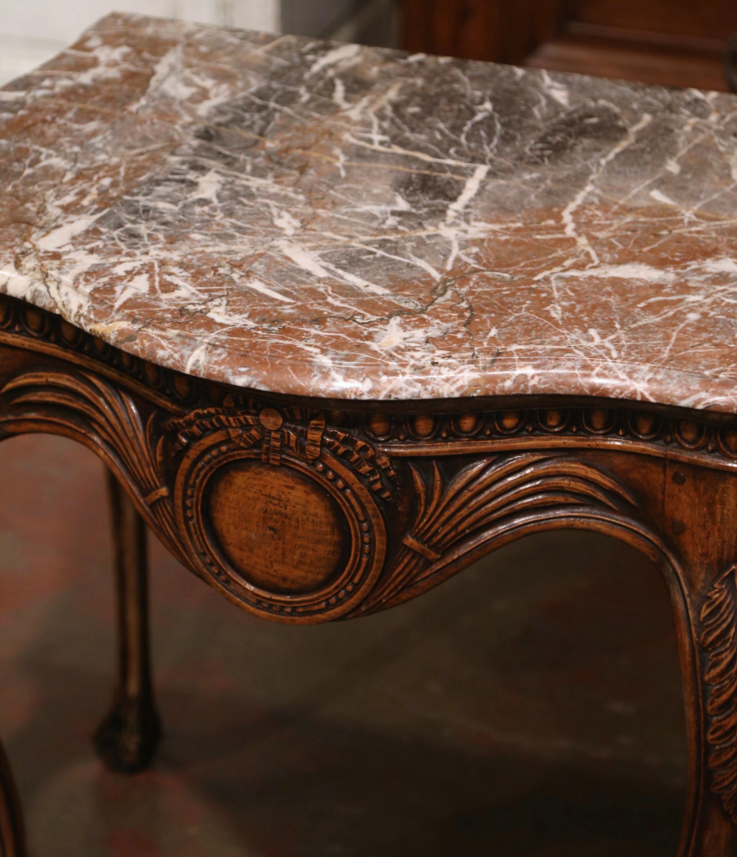 Hand-Carved 18th Century French Louis XV Marble Top Carved Bombe Walnut Console Table For Sale