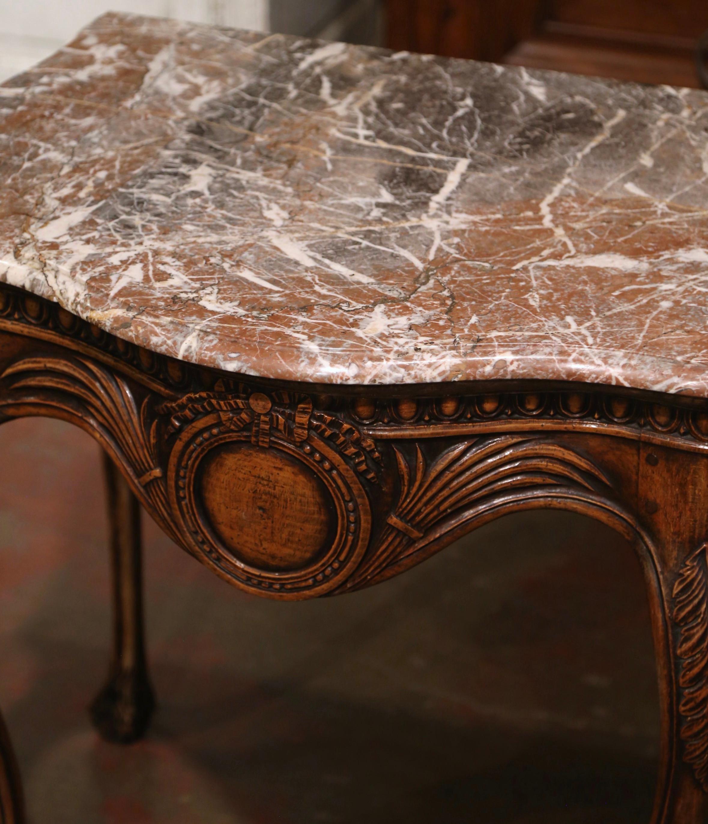 Hand-Carved 18th Century French Louis XV Provencal Carved Walnut and Marble Console Table For Sale