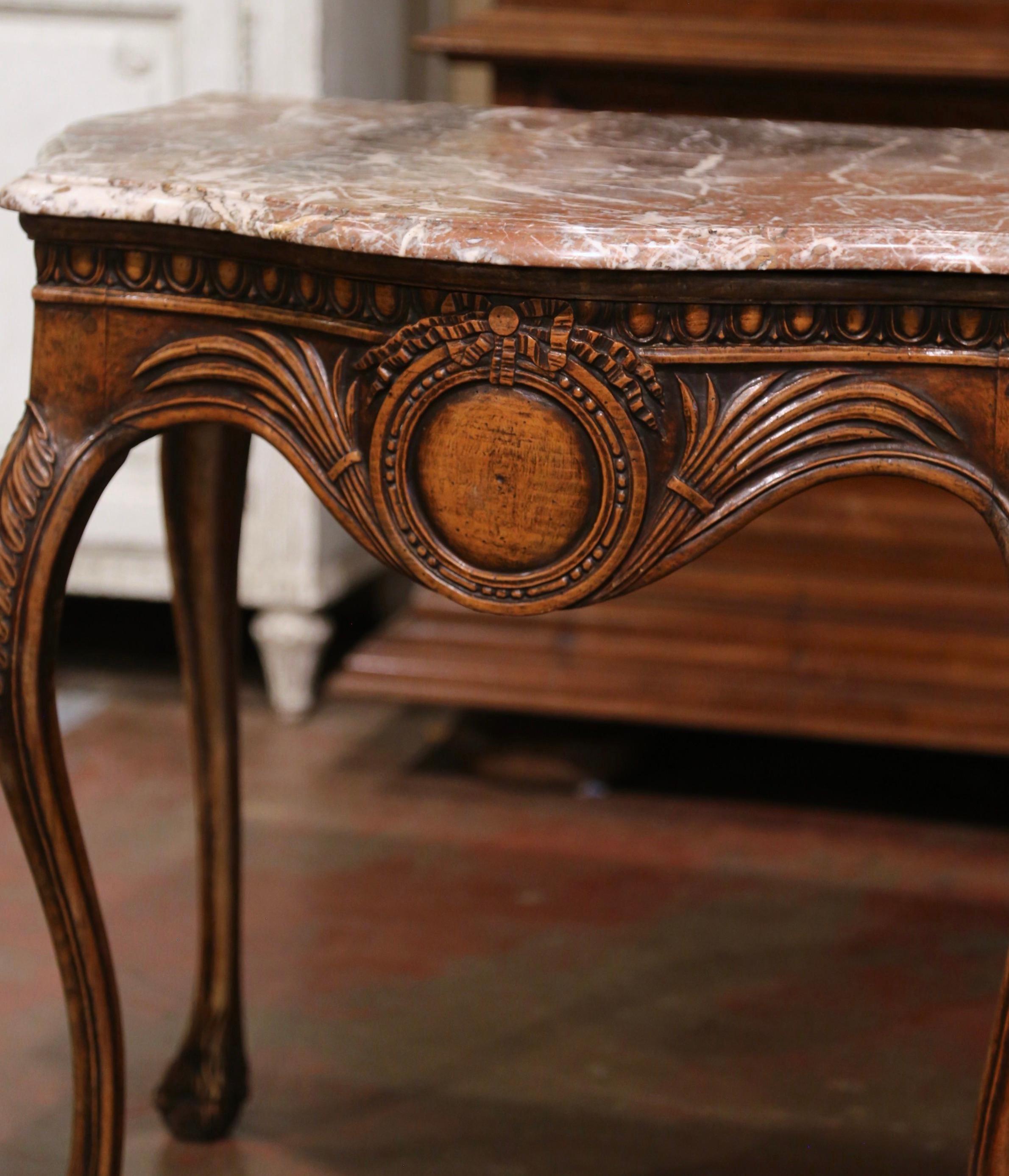 18th Century French Louis XV Marble Top Carved Bombe Walnut Console Table For Sale 2