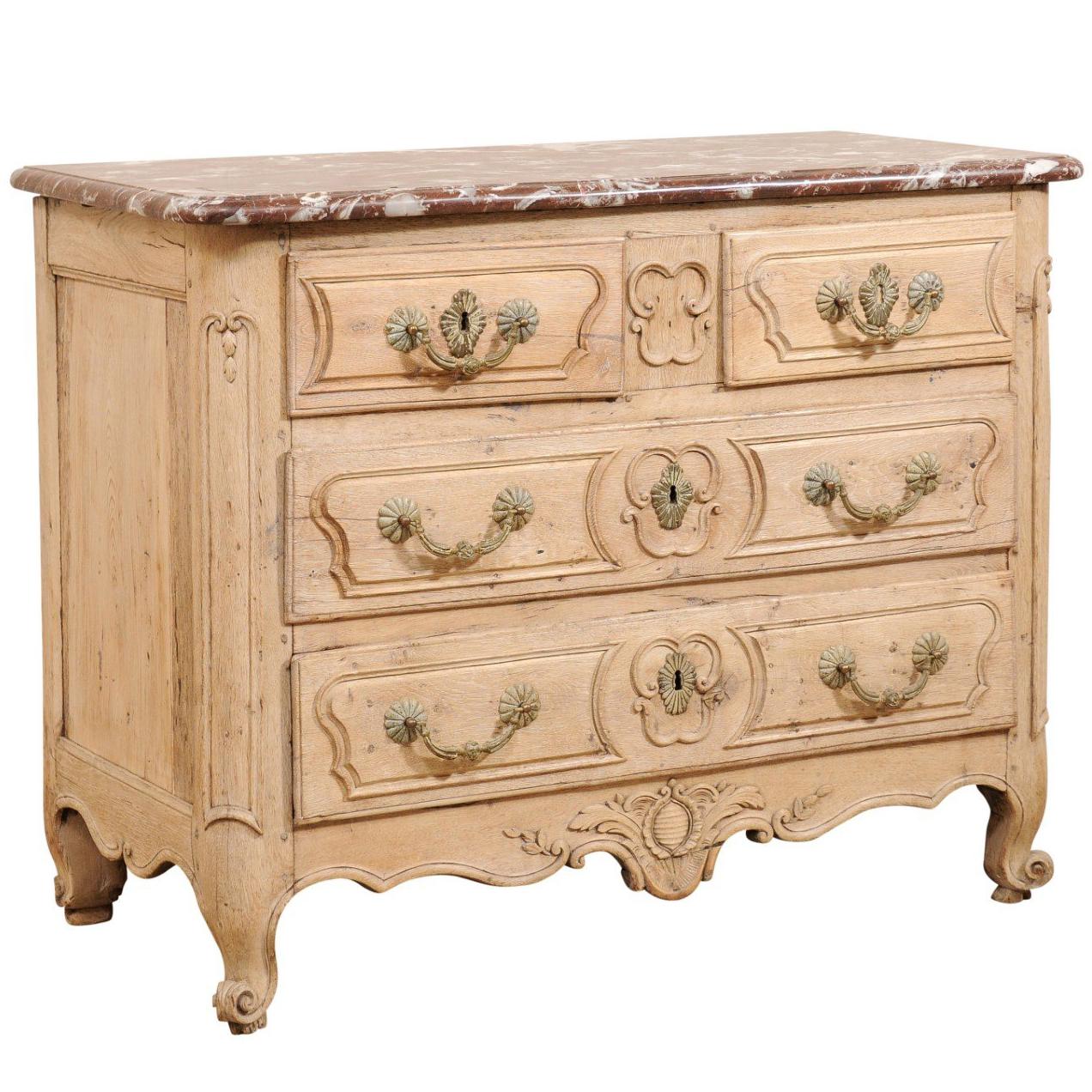 An 18th Century French Louis XV Provincial Four-Drawer Marble Top Wood Chest For Sale
