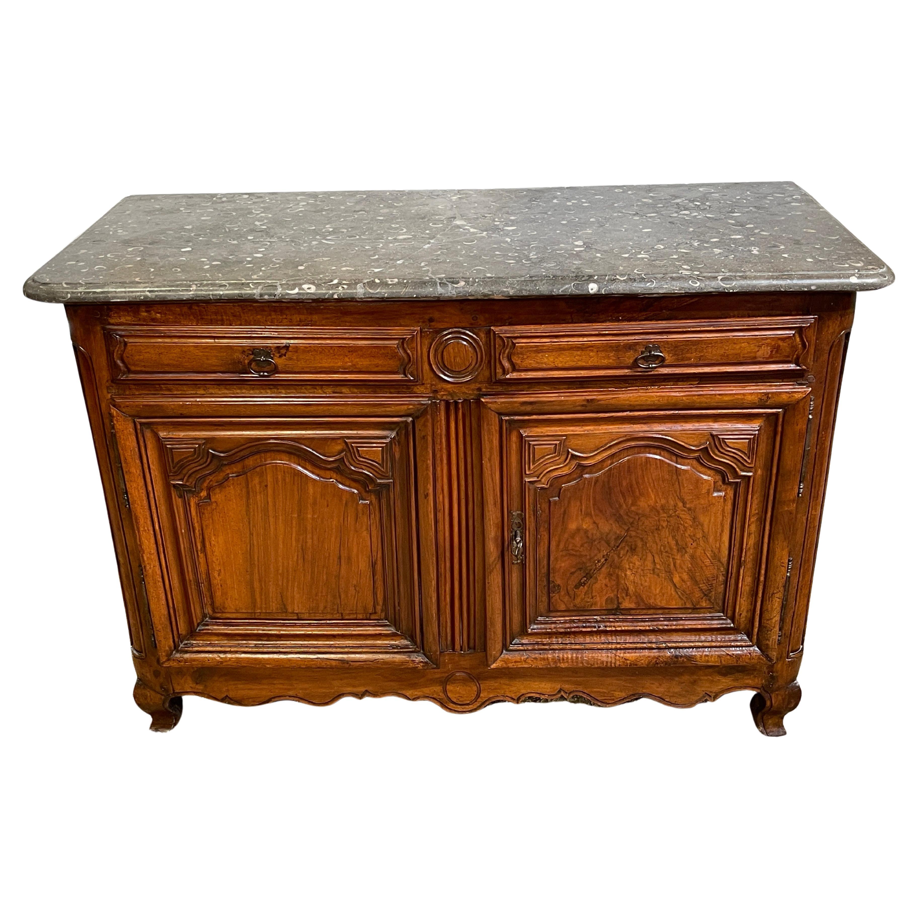 18th Century French Louis XV/Provincial French Buffet with Black Shell Marble For Sale