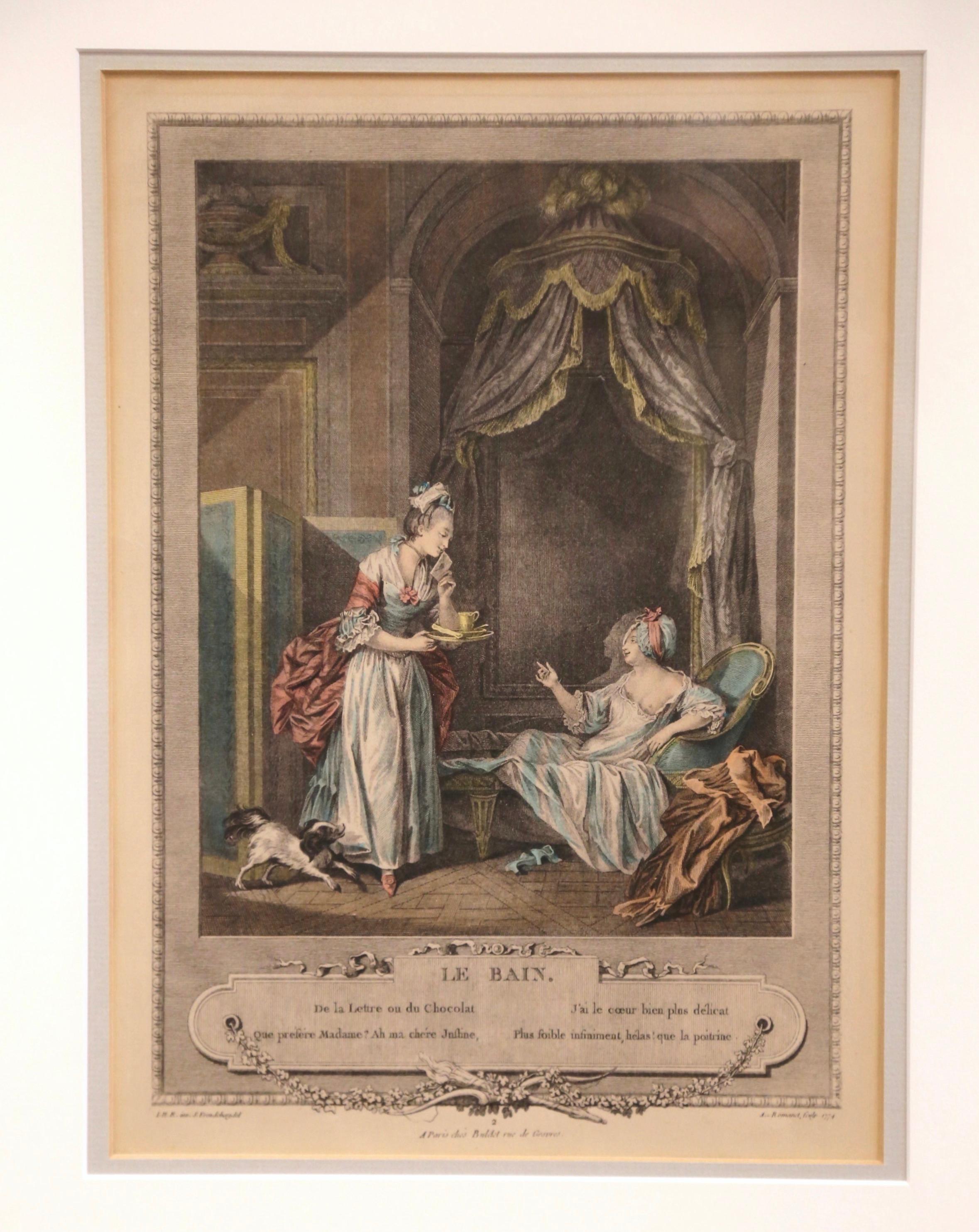 18th Century French Louis XV Romantic Colored Prints in Gilt Frames-Set of Four 5