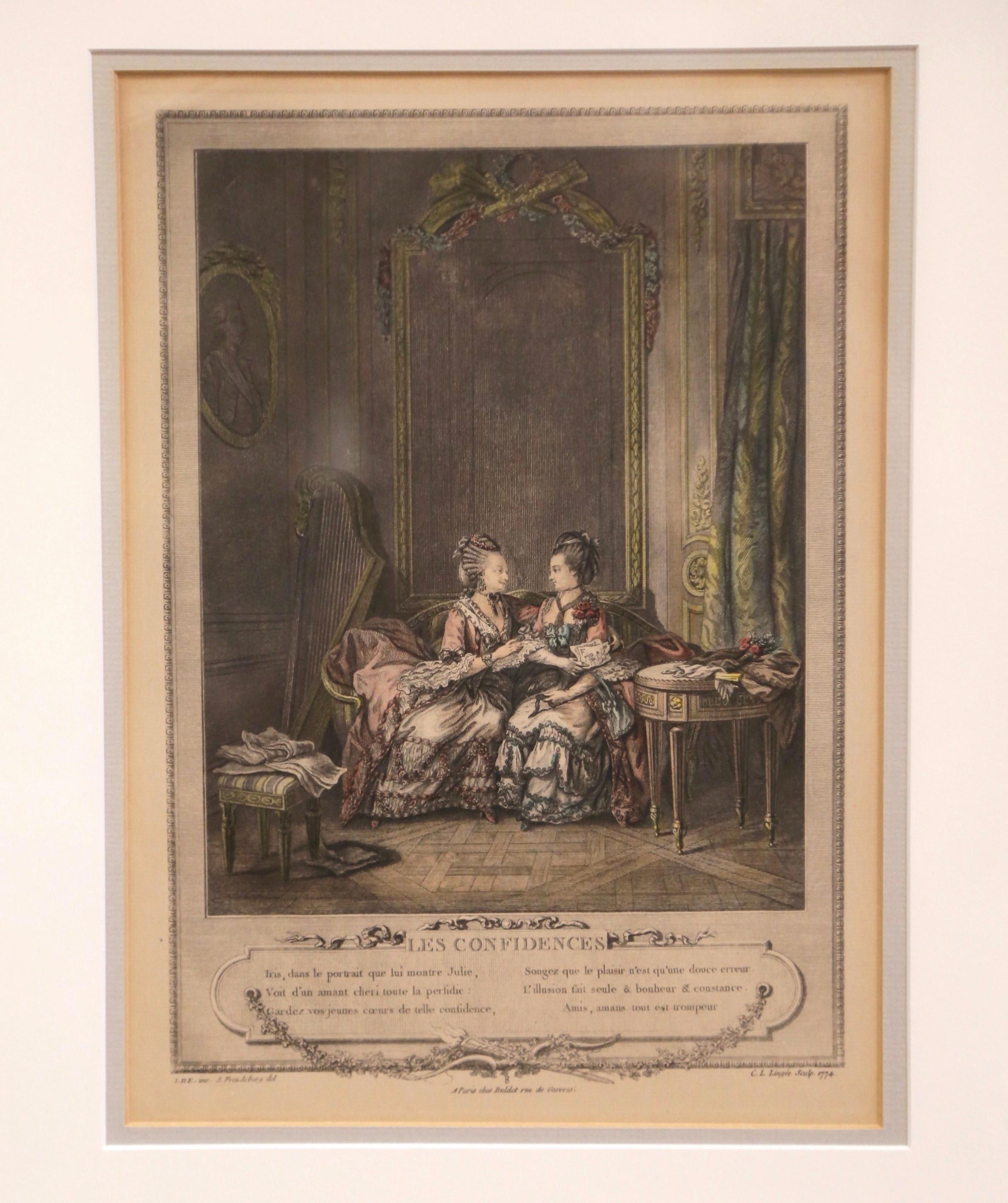 18th Century French Louis XV Romantic Colored Prints in Gilt Frames-Set of Four 7