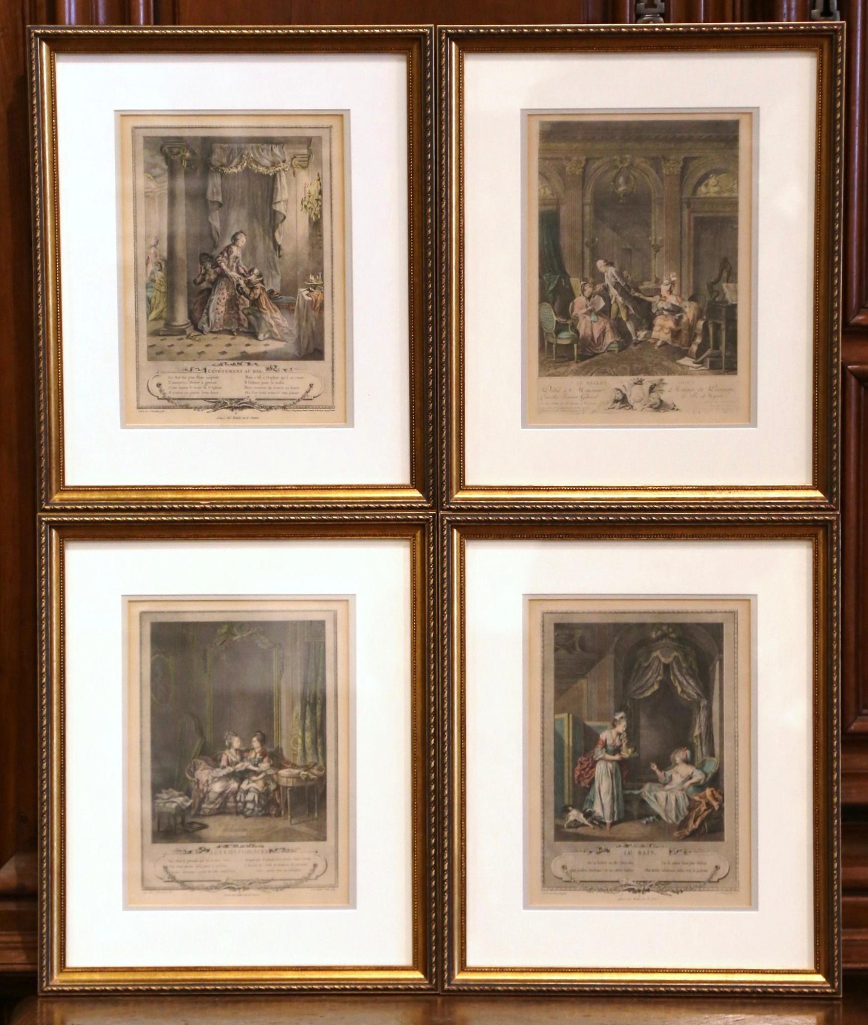 Decorate an office or a study with this elegant set of framed Louis XV antique prints. Crafted in Paris, France circa 1774 and set in a custom carved gilt frame protected with glass, each print depicts a romantic scene with people dressed in 18th