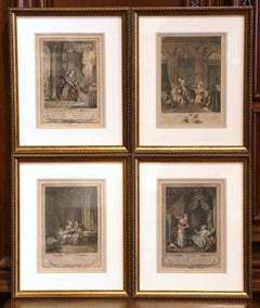 18th Century French Louis XV Romantic Colored Prints in Gilt Frames-Set of Four