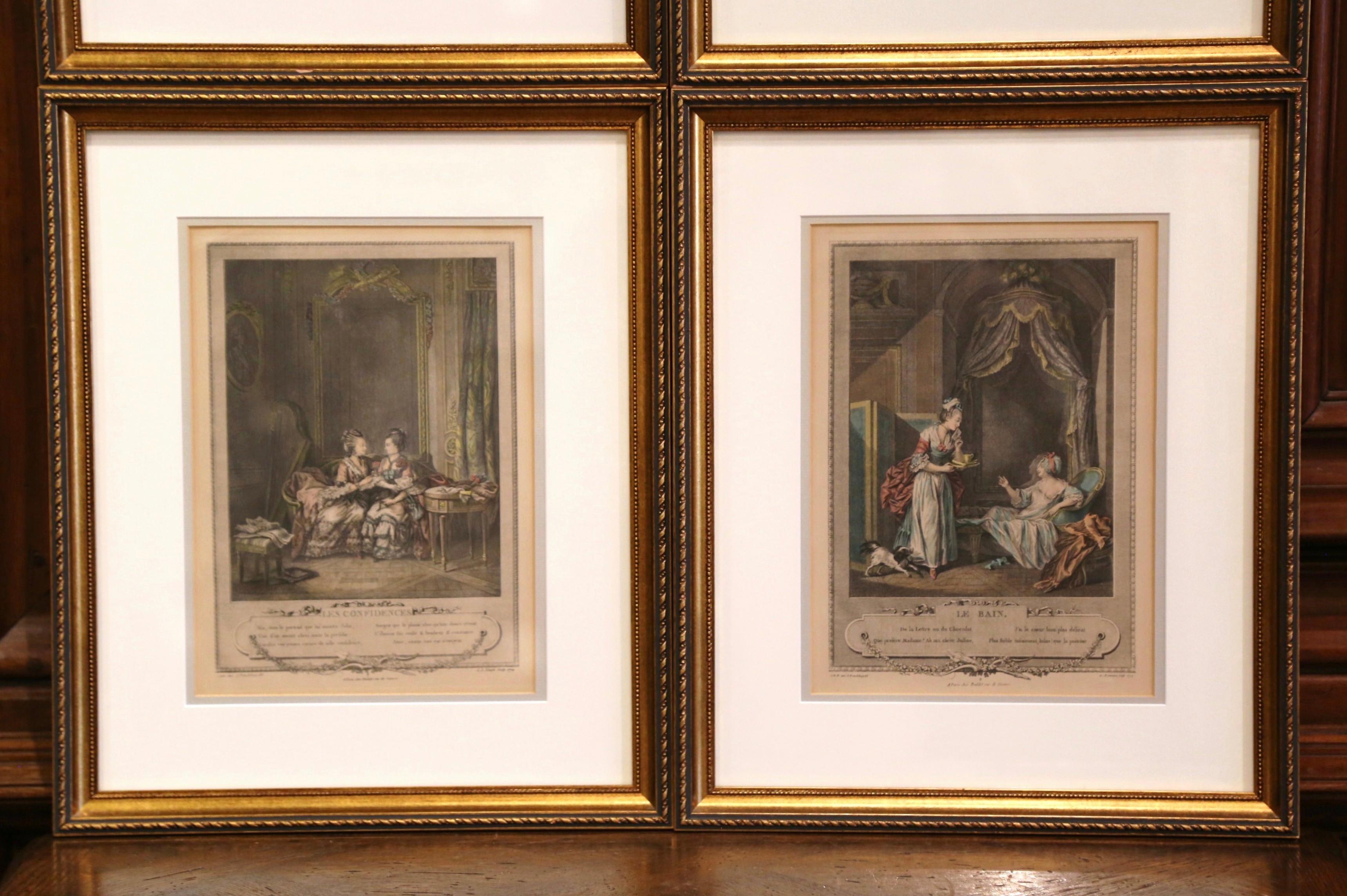 18th Century French Louis XV Romantic Colored Prints in Gilt Frames-Set of Four In Excellent Condition In Dallas, TX