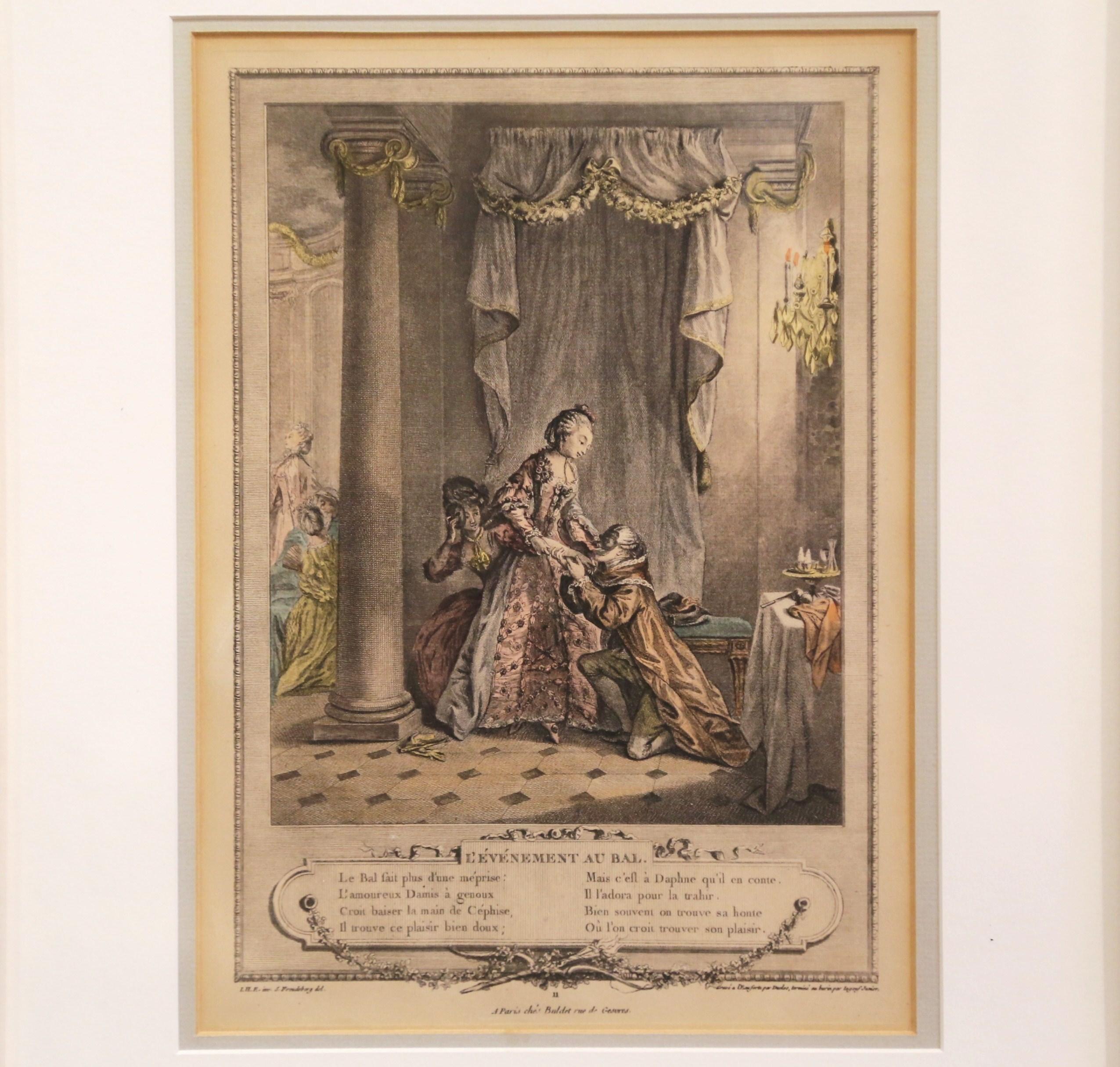 18th Century French Louis XV Romantic Colored Prints in Gilt Frames-Set of Four 1