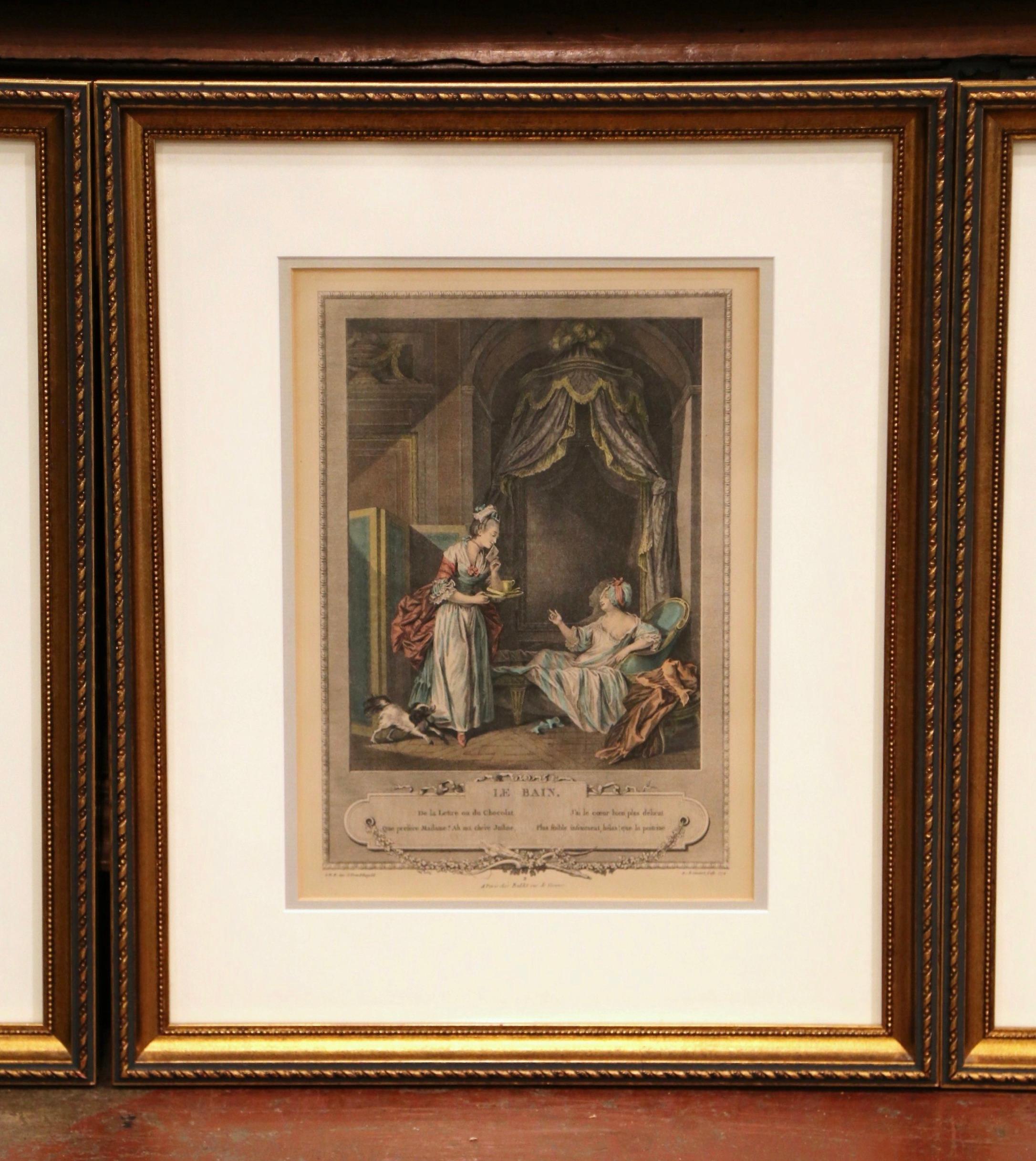 18th Century French Louis XV Romantic Colored Prints in Gilt Frames-Set of Four 4