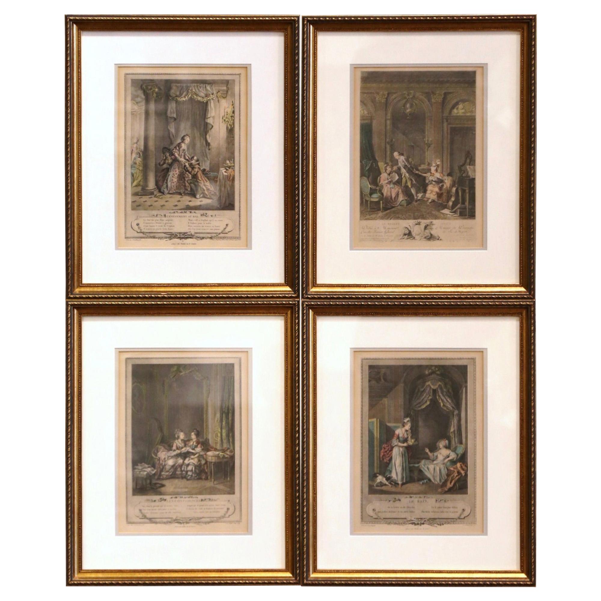 18th Century French Louis XV Romantic Colored Prints in Gilt Frames-Set of Four