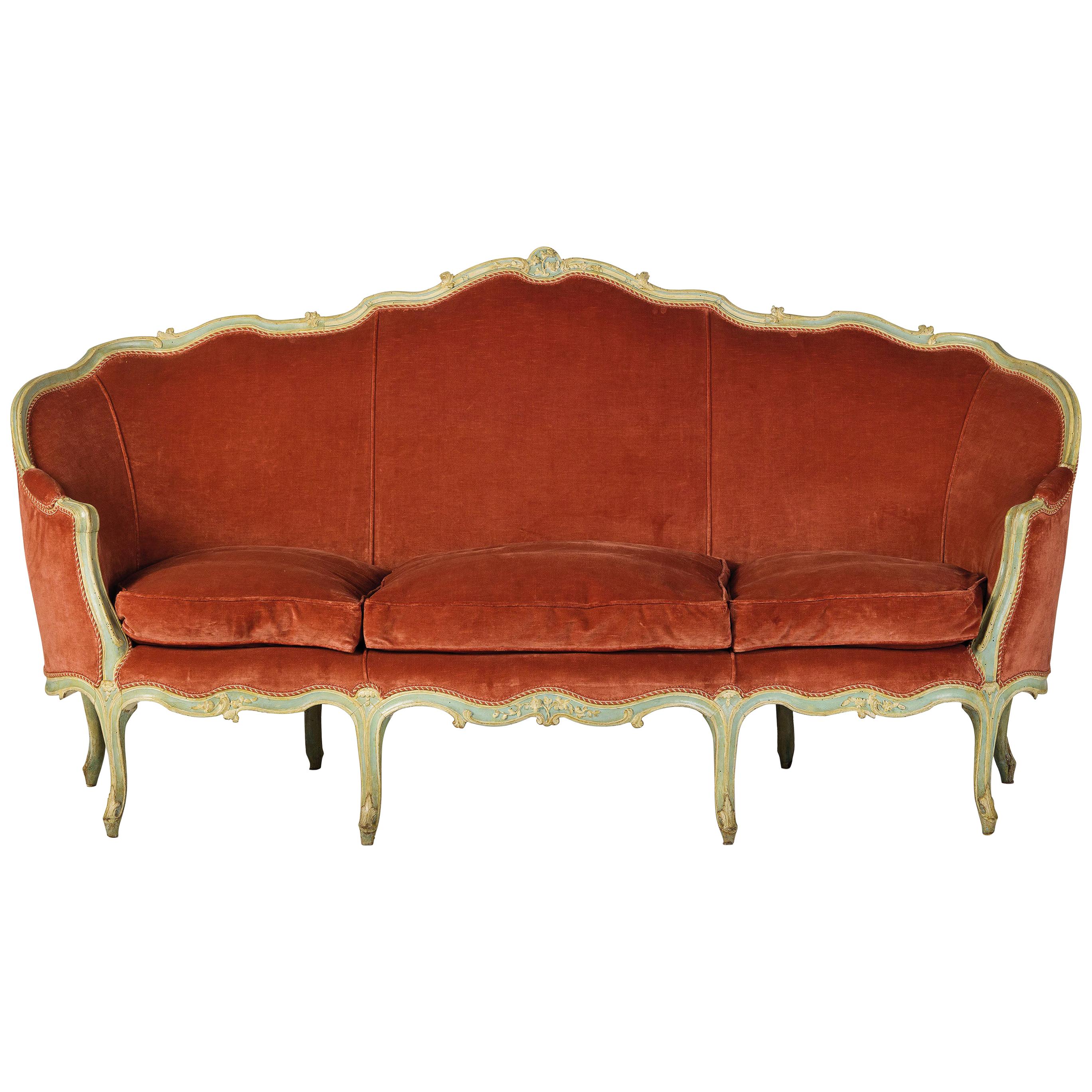 18th Century, French Louis XV Three-Seat Velvet Lacquered Wood Corbeille Sofa
