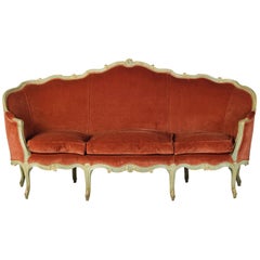 18th Century, French Louis XV Three-Seat Velvet Lacquered Wood Corbeille Sofa