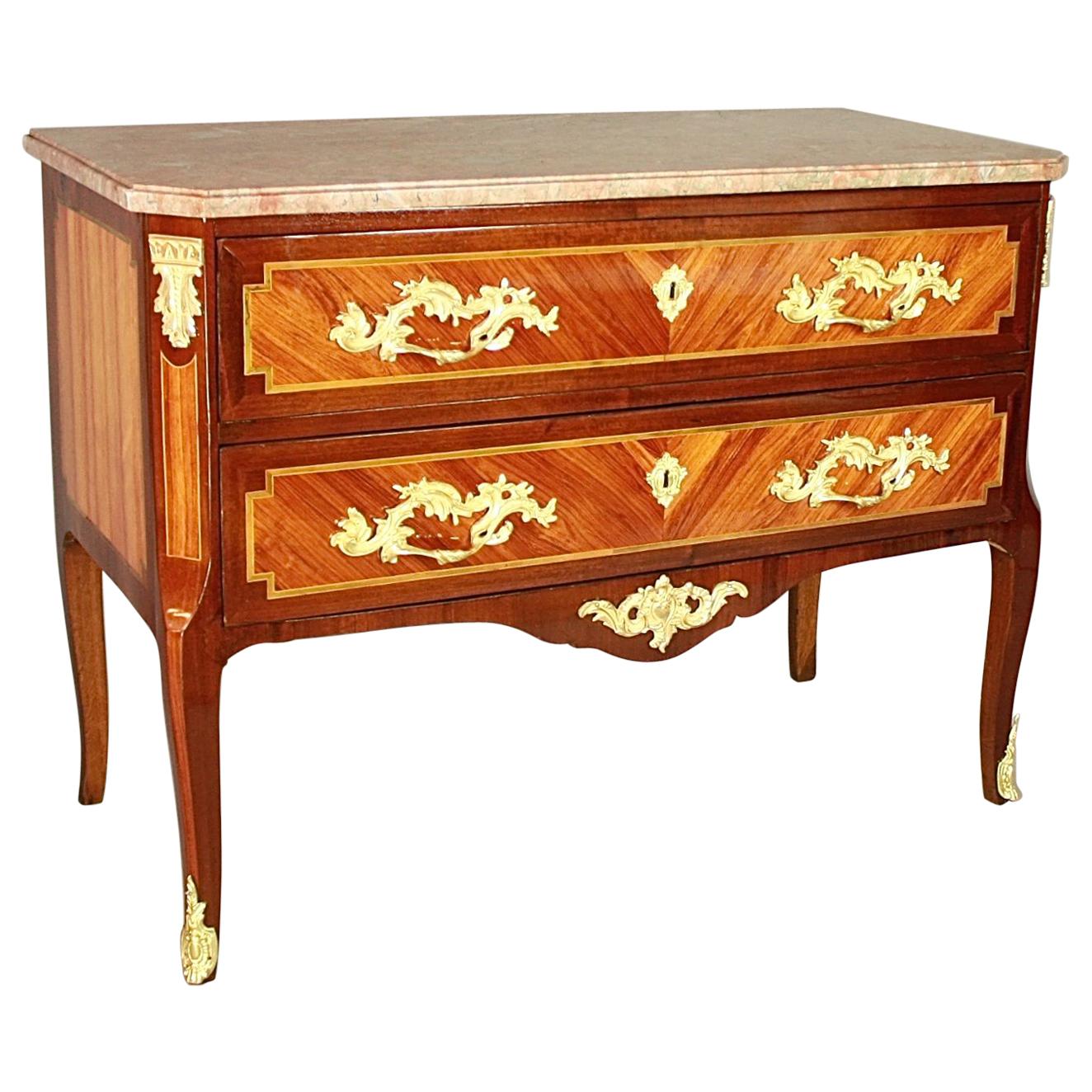 18th Century French Louis XV/Transition Marquetry Gilt Bronze Commode For Sale