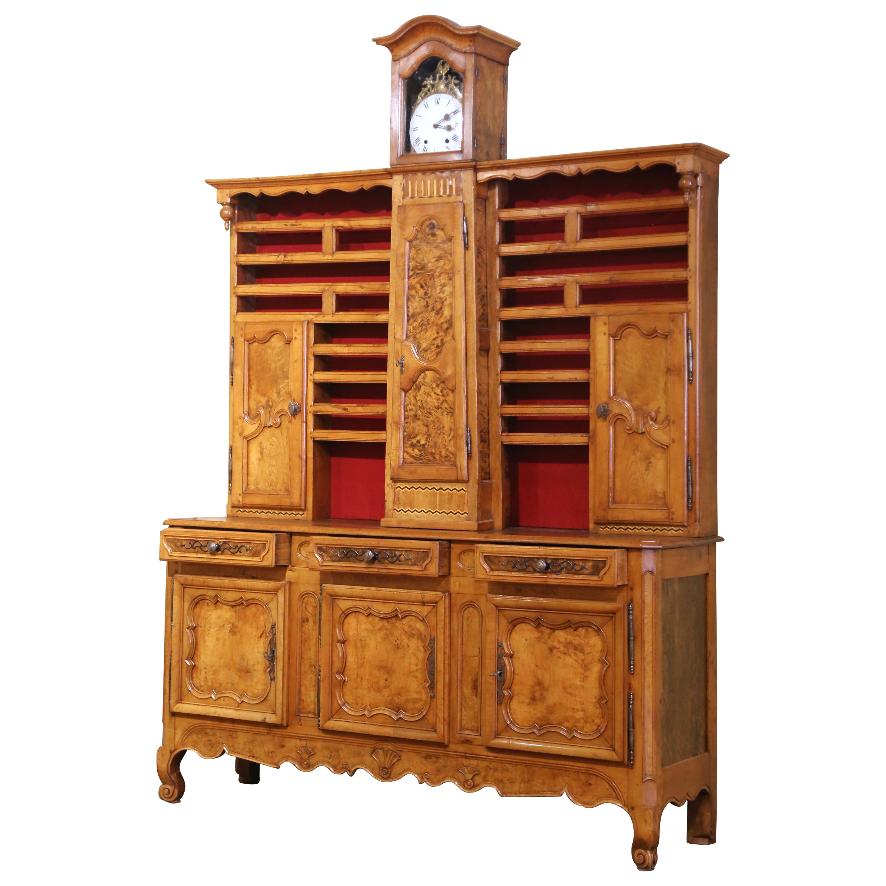 18th Century French Louis XV Walnut & Burlwood Bressan Vaisselier Clock Cabinet For Sale