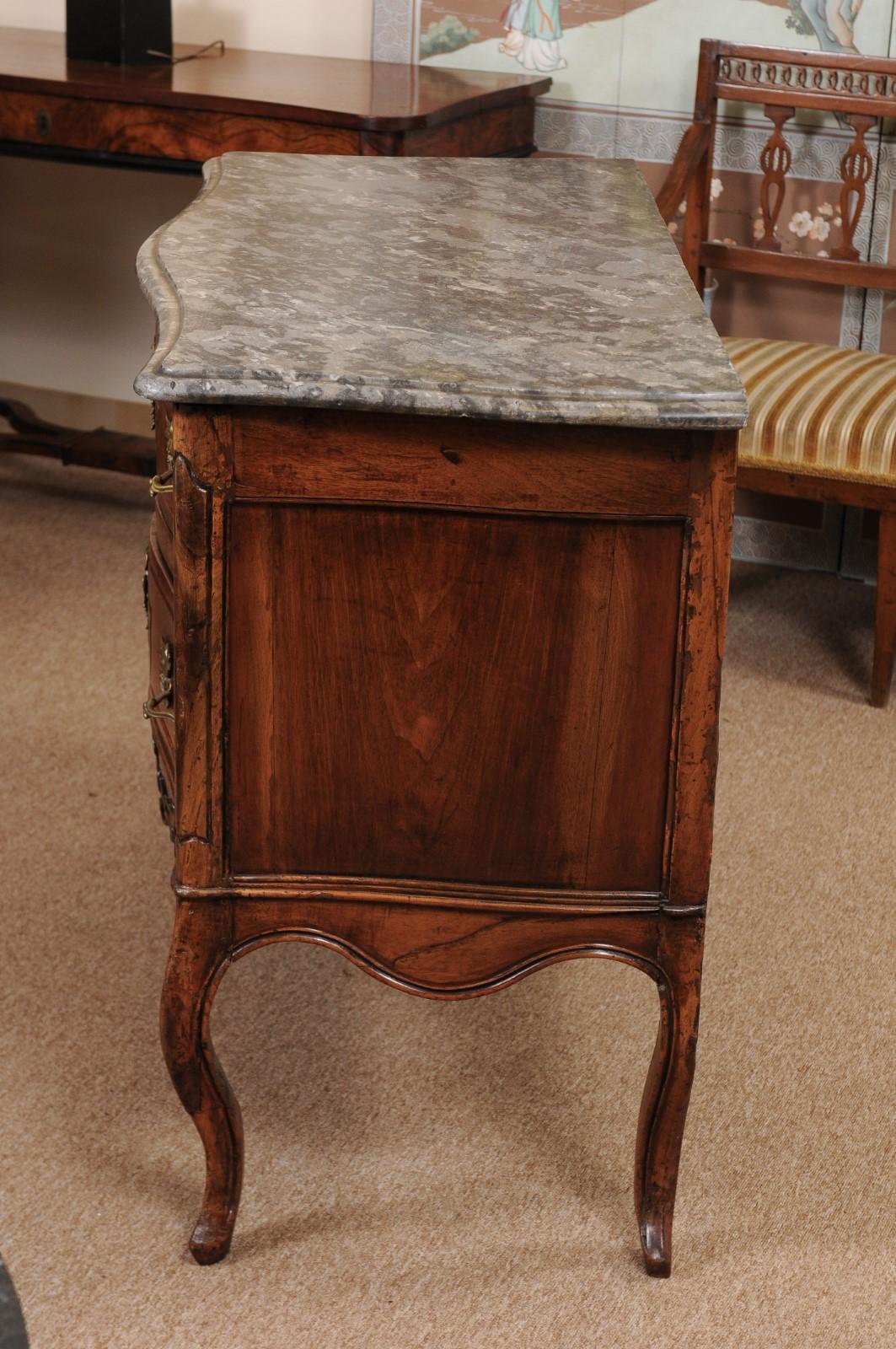 18th Century French Louis XV Walnut Commode with Grey Marble Top For Sale 8