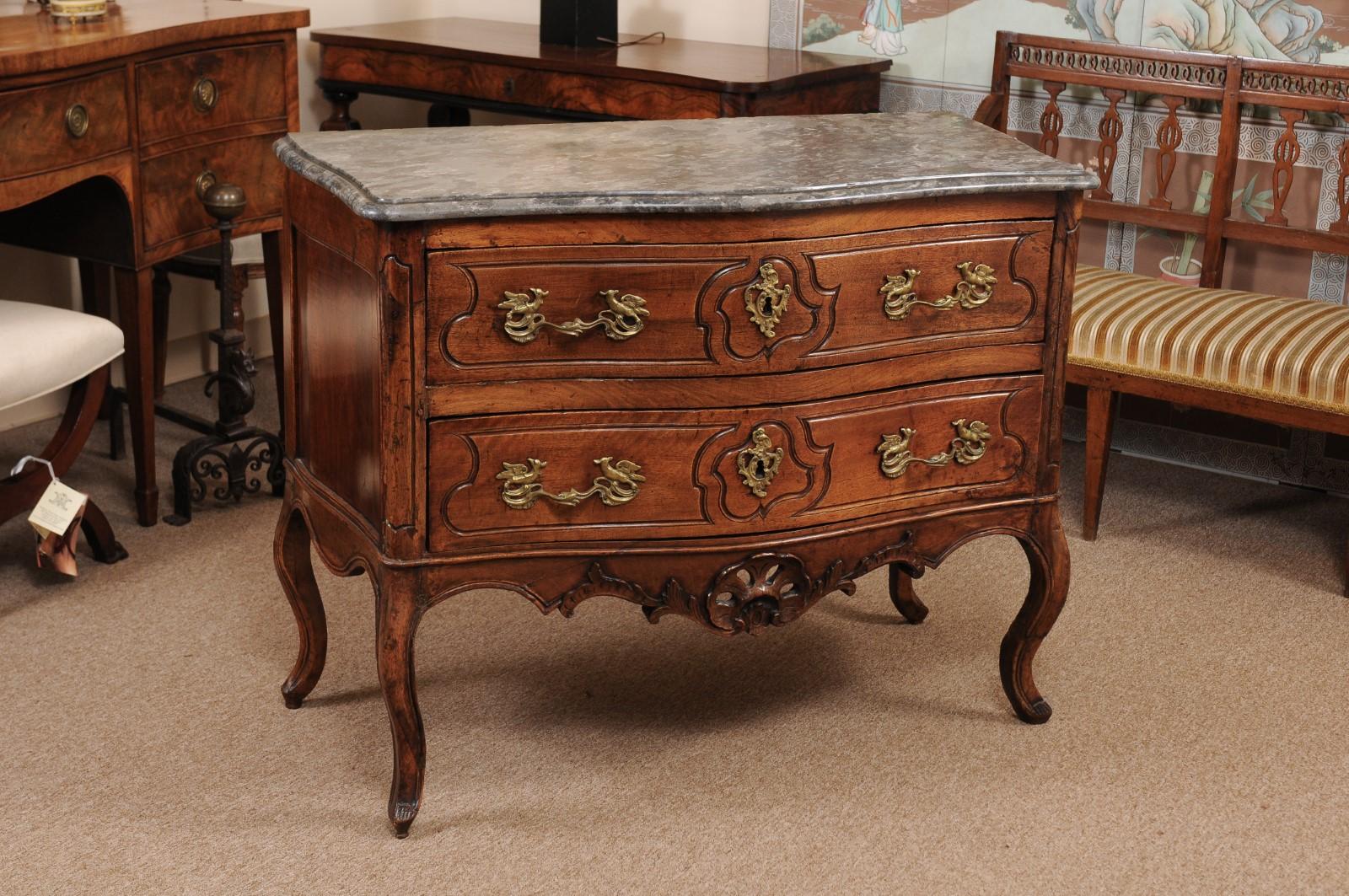 18th Century and Earlier 18th Century French Louis XV Walnut Commode with Grey Marble Top For Sale