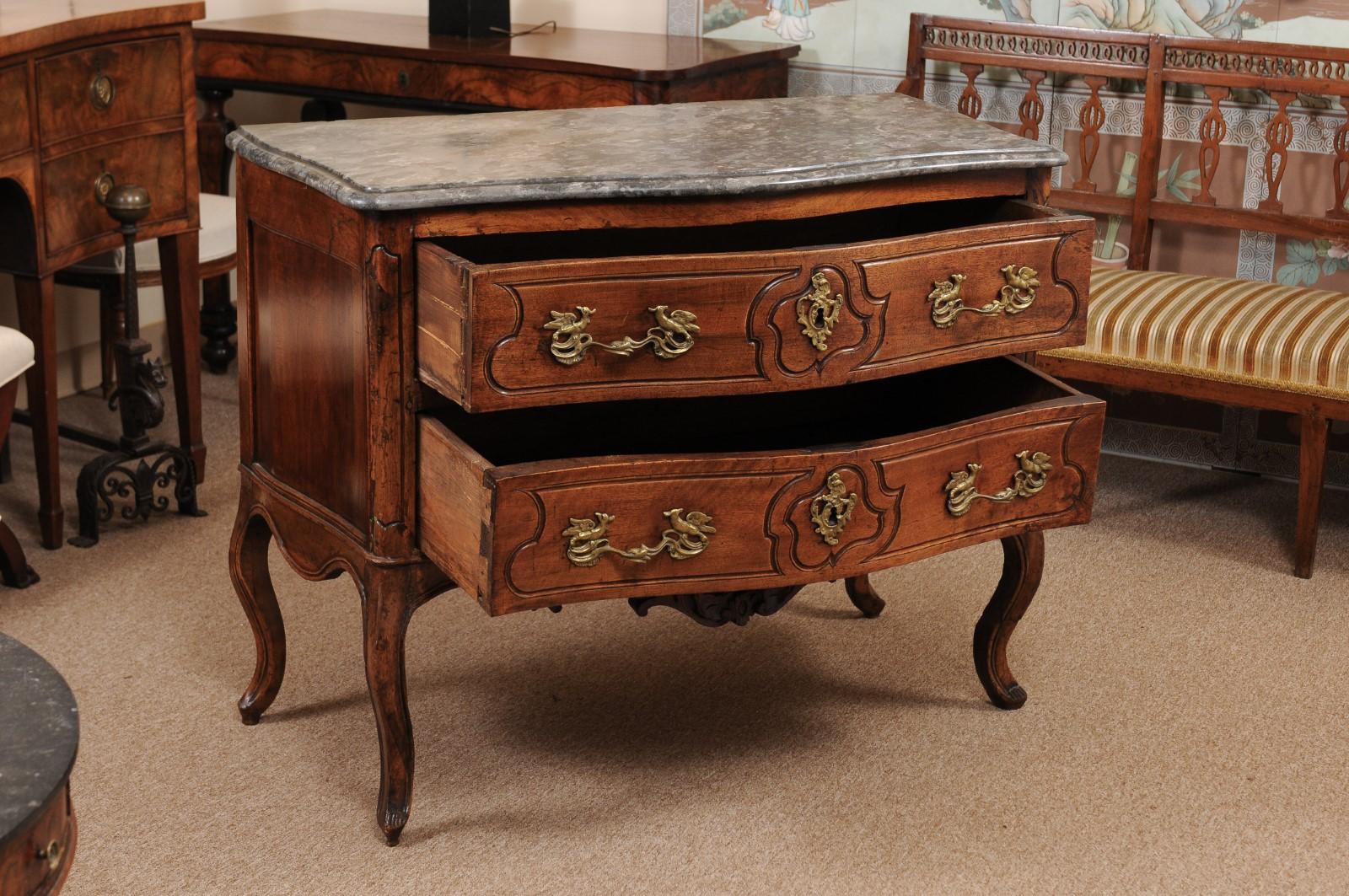 18th Century French Louis XV Walnut Commode with Grey Marble Top For Sale 3