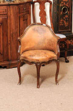 18th Century French Louis XV Walnut Desk Chair with Tan Leather Upholstery