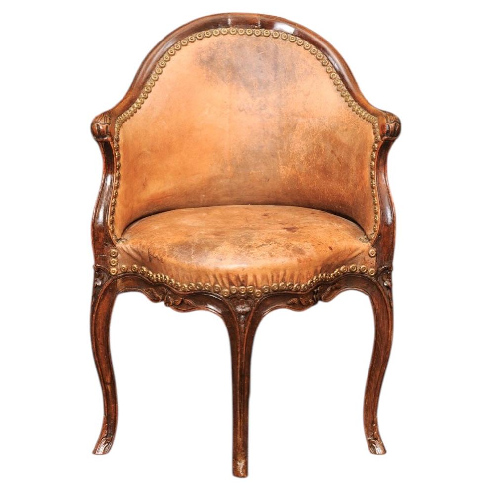 18th Century French Louis XV Walnut Desk Chair with Tan Leather Upholstery