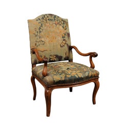 18th Century French Louis XV Walnut Fauteuil with Tapestry Upholstery