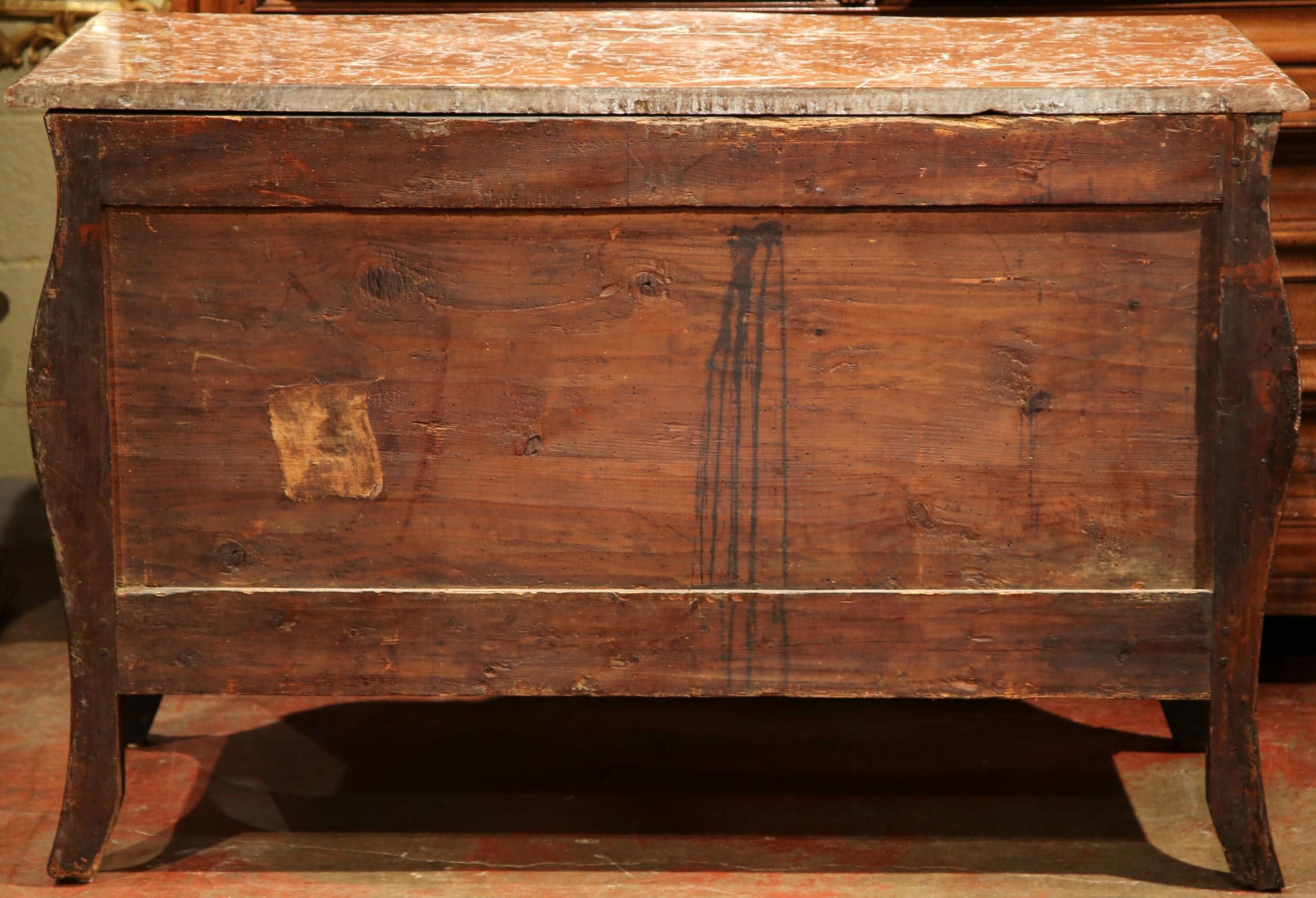 18th Century French Louis XV Walnut Inlay Bombe Chest of Drawers with Marble Top For Sale 5