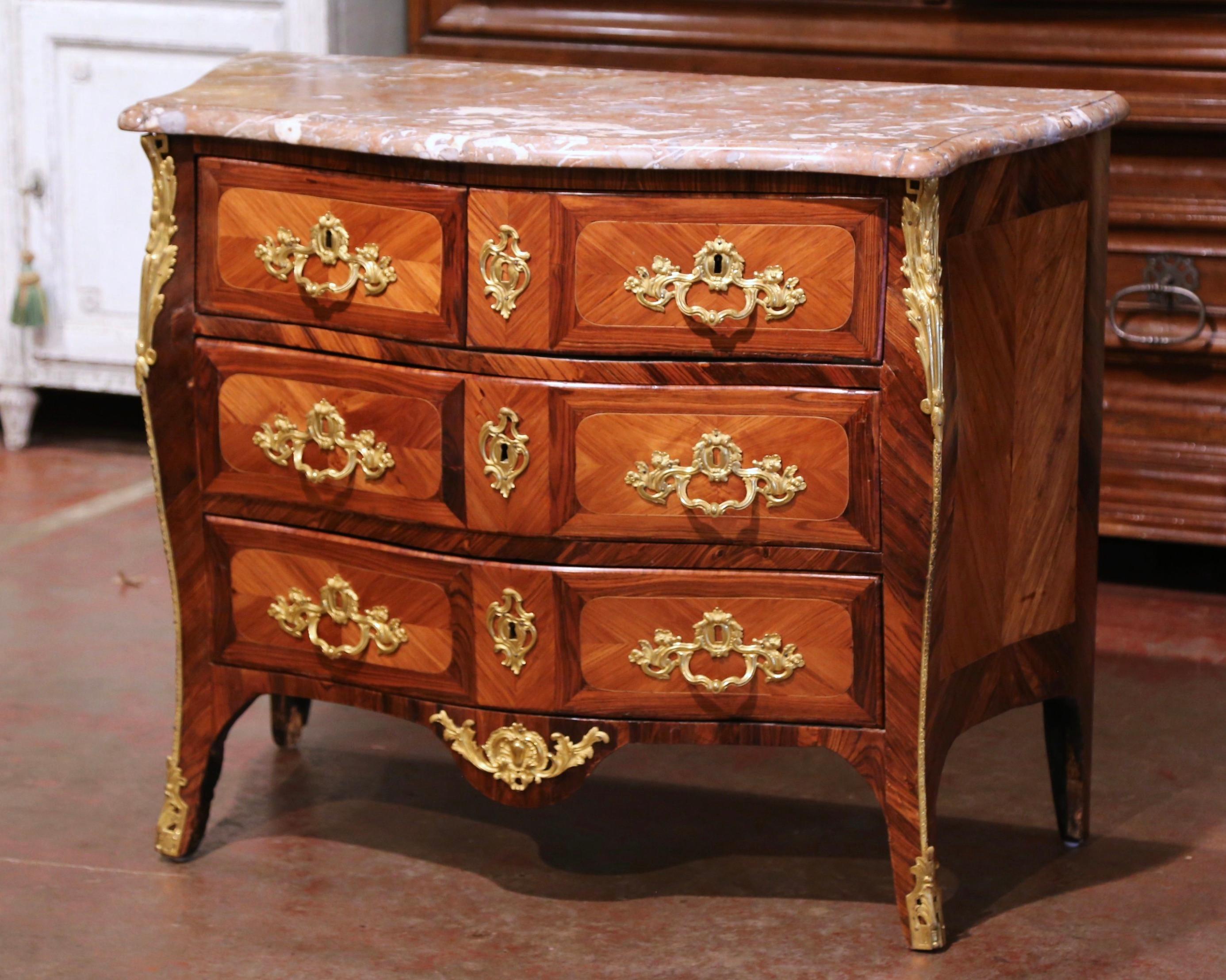 18th Century French Louis XV Walnut Inlay Bombe Chest of Drawers with Marble Top 6