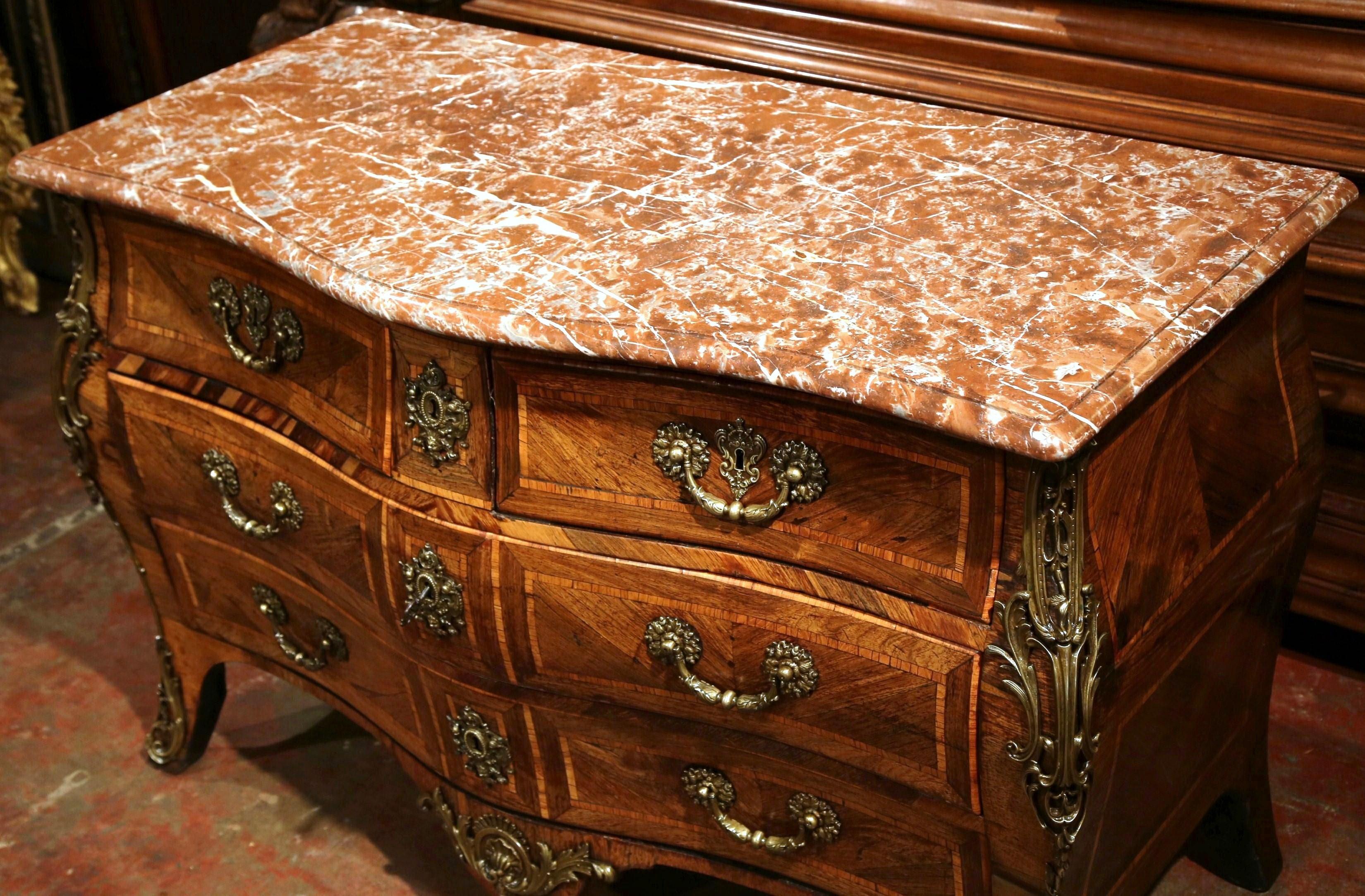 Hand-Carved 18th Century French Louis XV Walnut Inlay Bombe Chest of Drawers with Marble Top For Sale