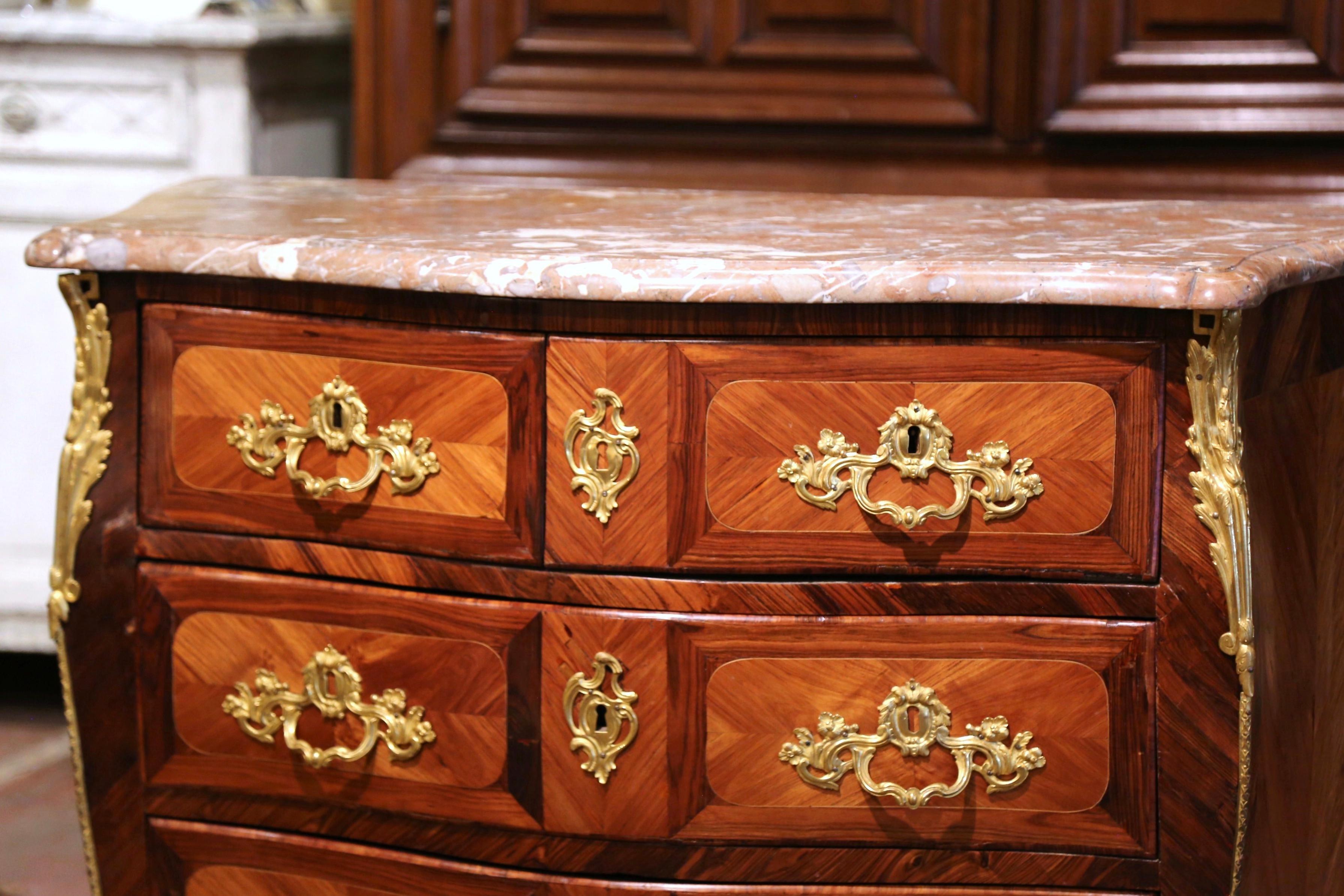 Hand-Carved 18th Century French Louis XV Walnut Inlay Bombe Chest of Drawers with Marble Top