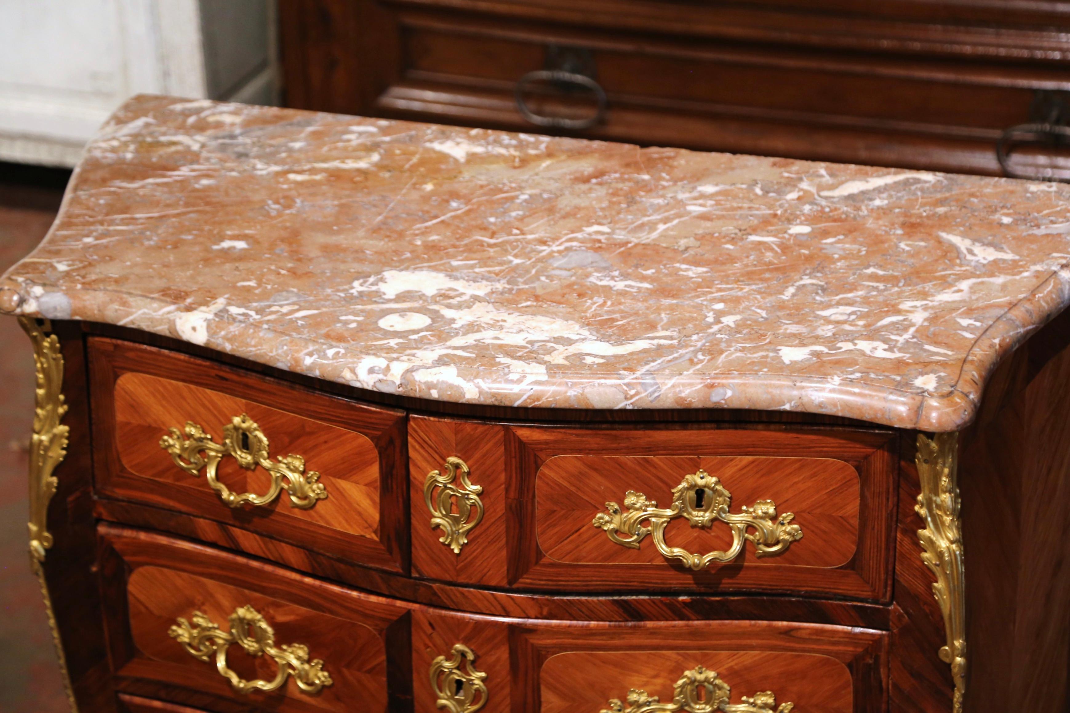 18th Century French Louis XV Walnut Inlay Bombe Chest of Drawers with Marble Top In Excellent Condition In Dallas, TX