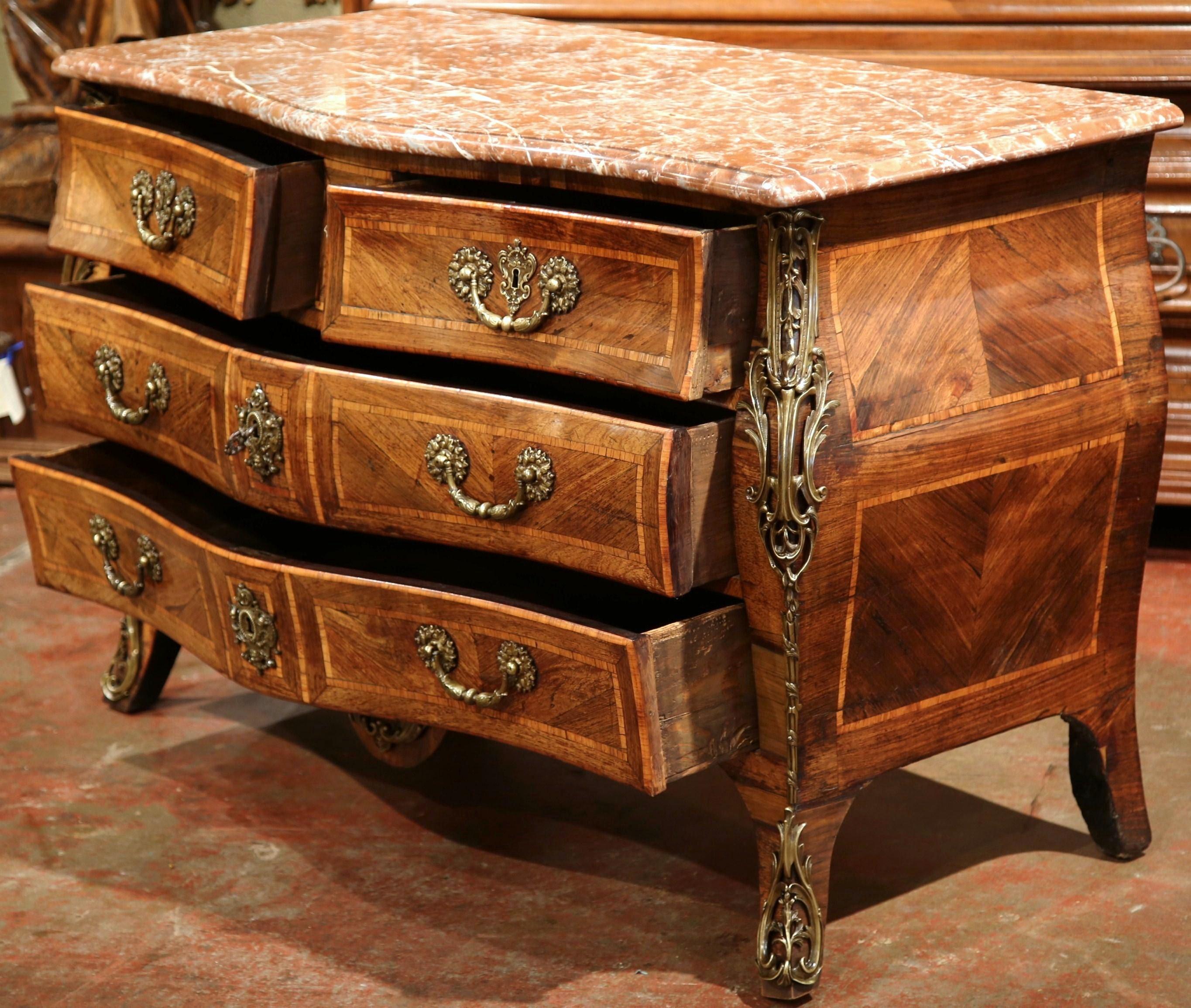 Bronze 18th Century French Louis XV Walnut Inlay Bombe Chest of Drawers with Marble Top For Sale