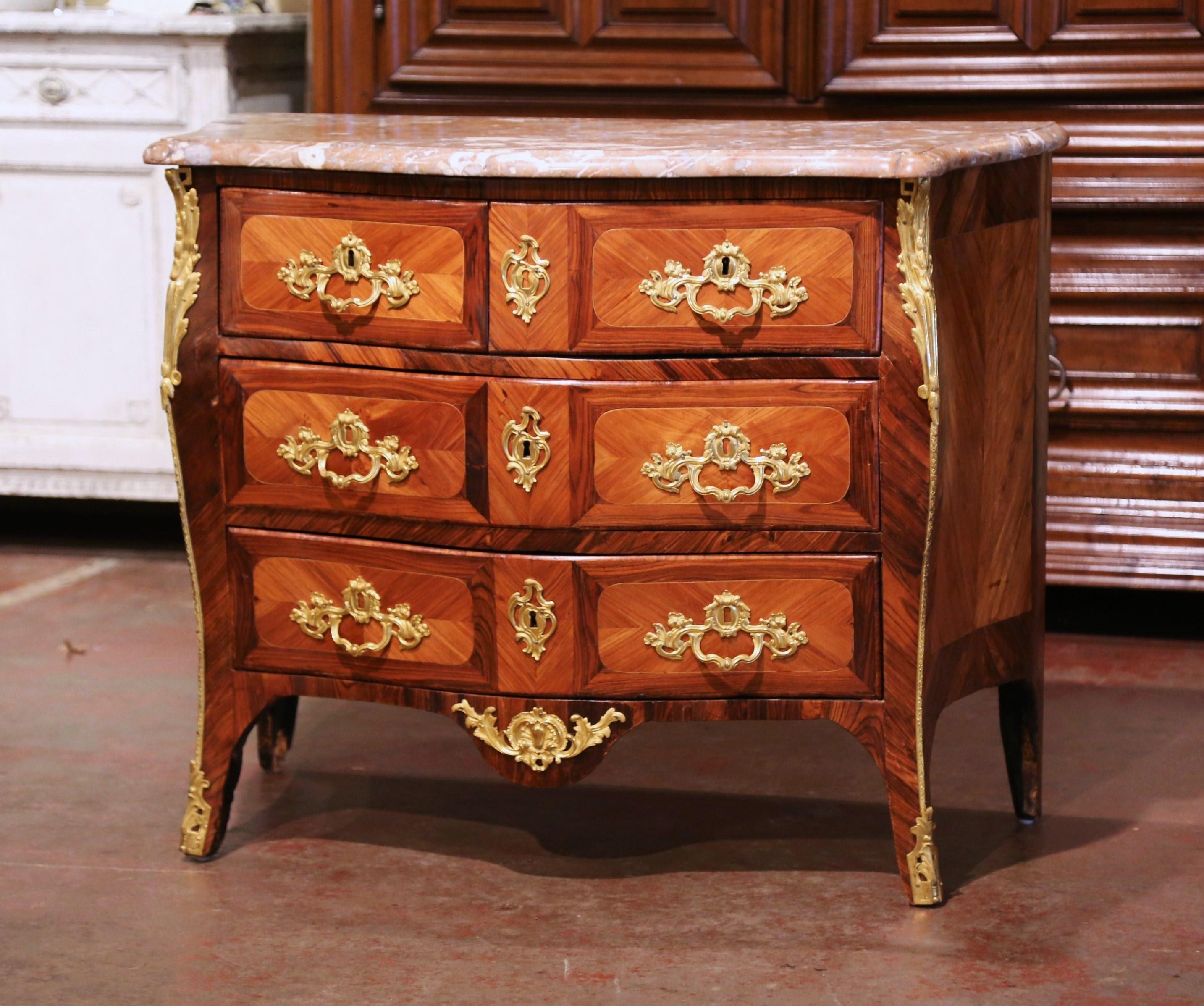 Bronze 18th Century French Louis XV Walnut Inlay Bombe Chest of Drawers with Marble Top