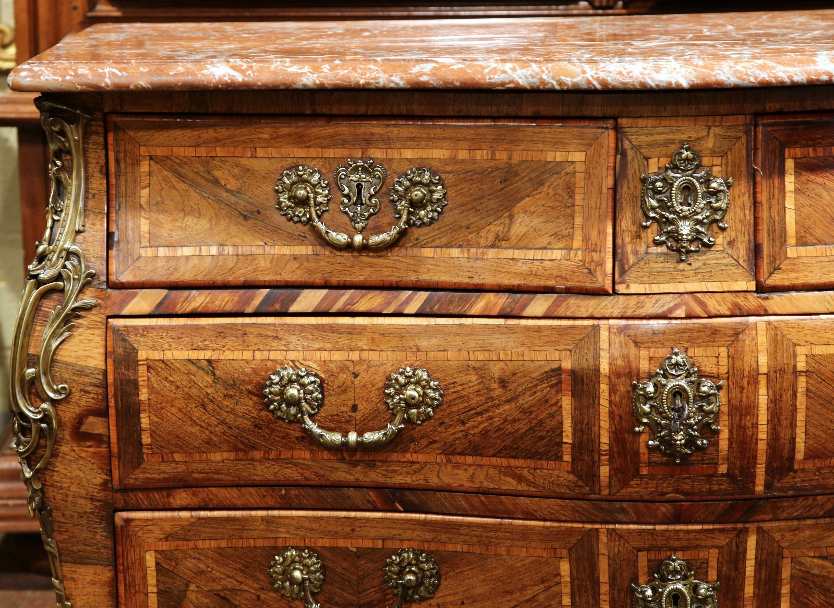 18th Century French Louis XV Walnut Inlay Bombe Chest of Drawers with Marble Top For Sale 1