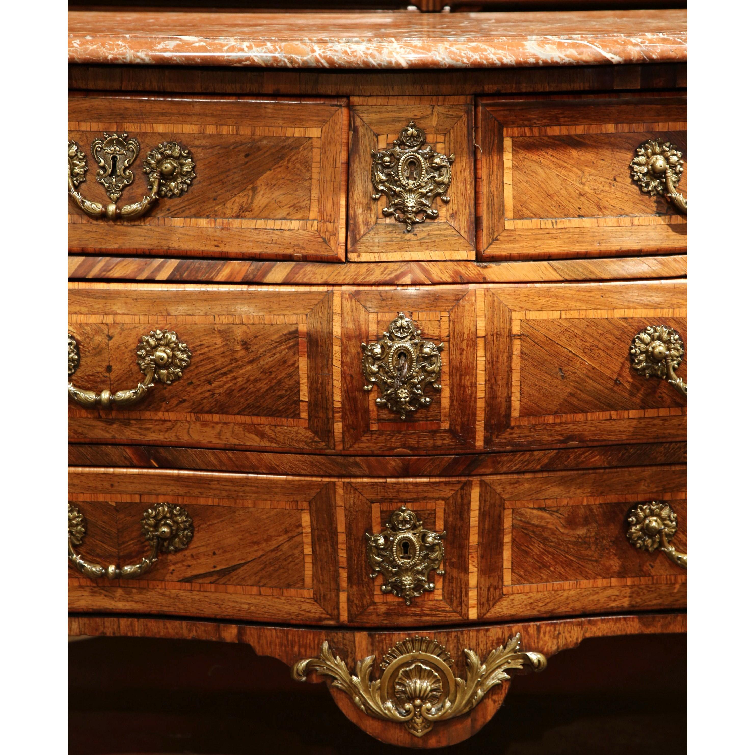 18th Century French Louis XV Walnut Inlay Bombe Chest of Drawers with Marble Top For Sale 2