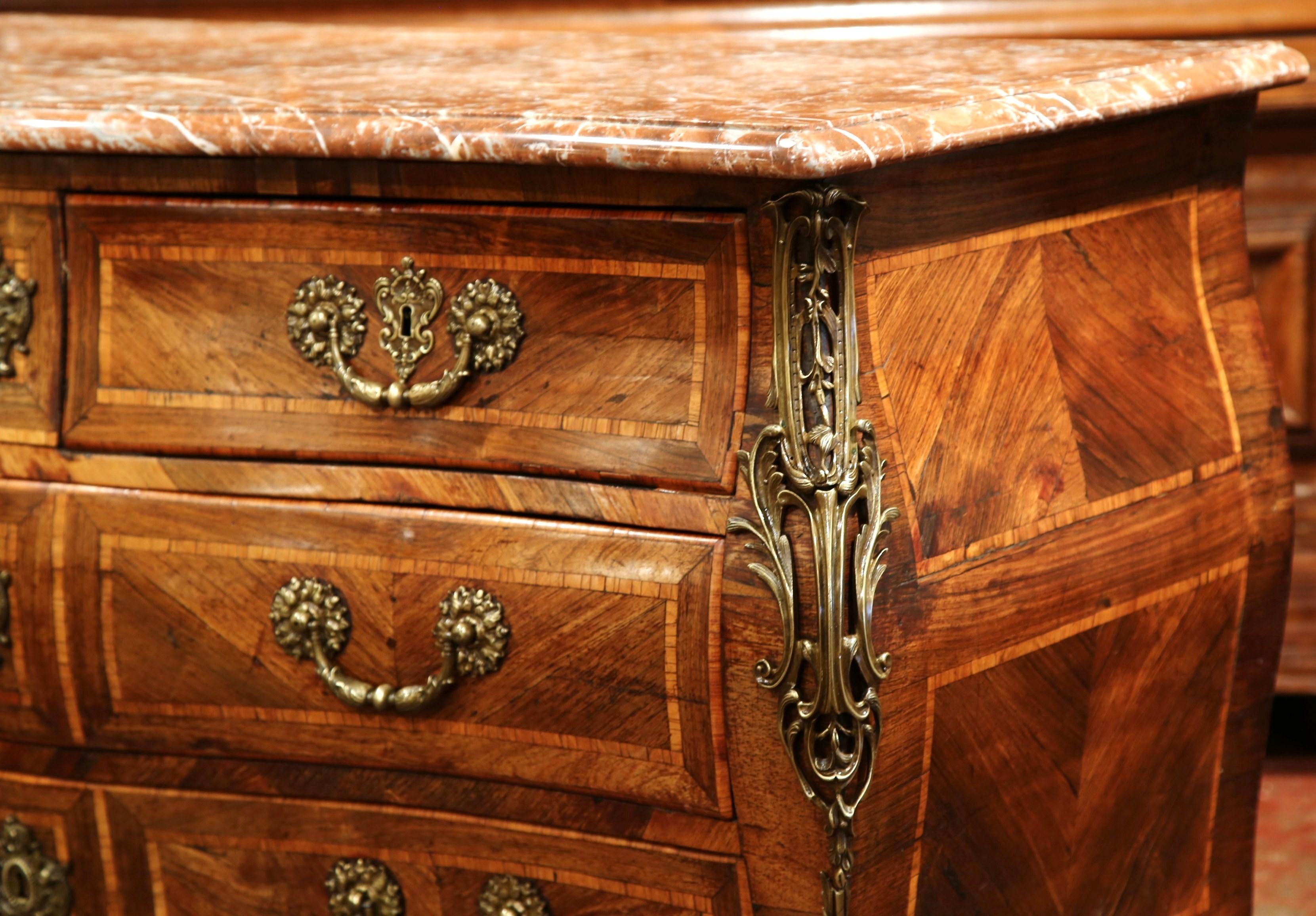 18th Century French Louis XV Walnut Inlay Bombe Chest of Drawers with Marble Top For Sale 3
