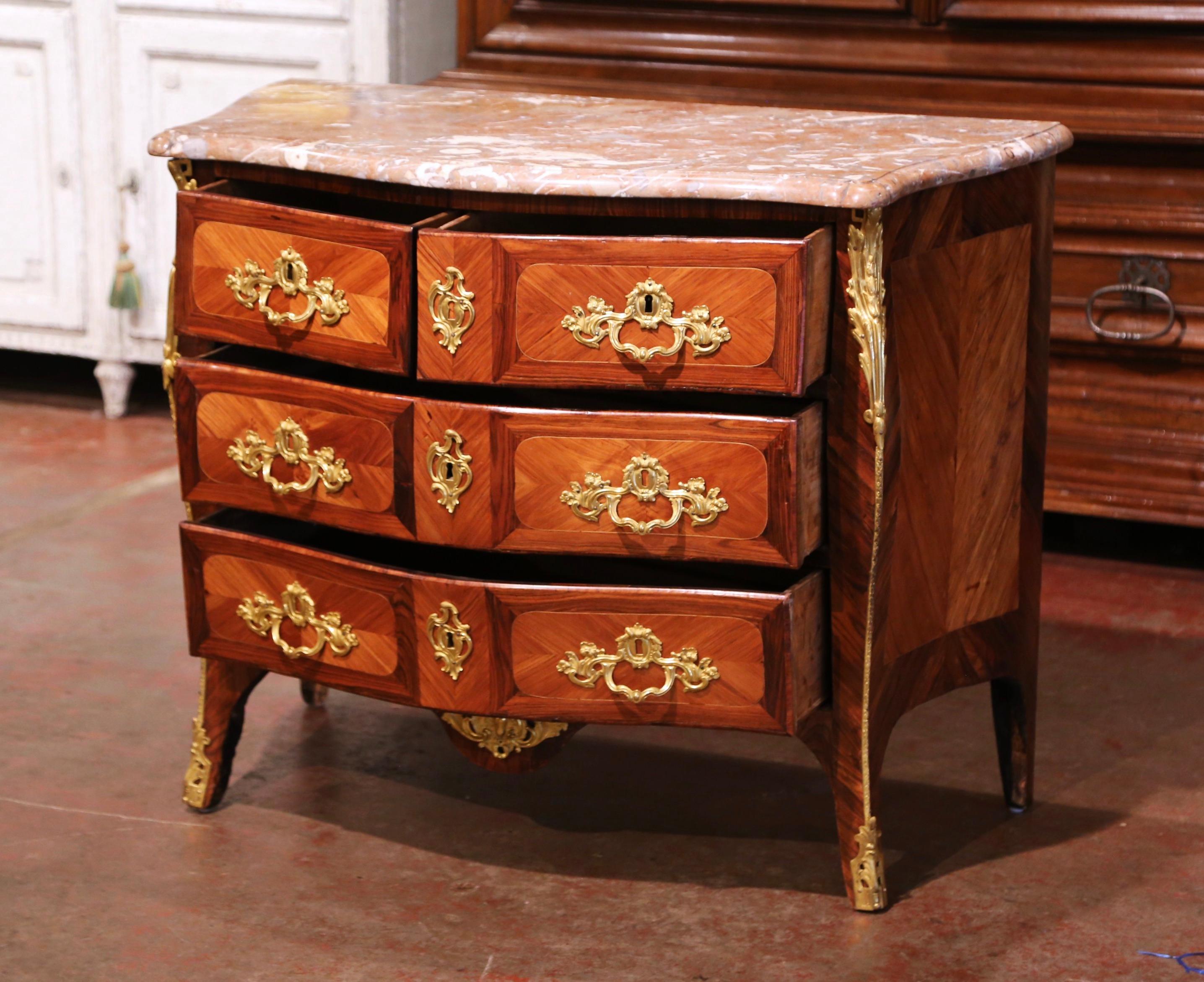 18th Century French Louis XV Walnut Inlay Bombe Chest of Drawers with Marble Top 3
