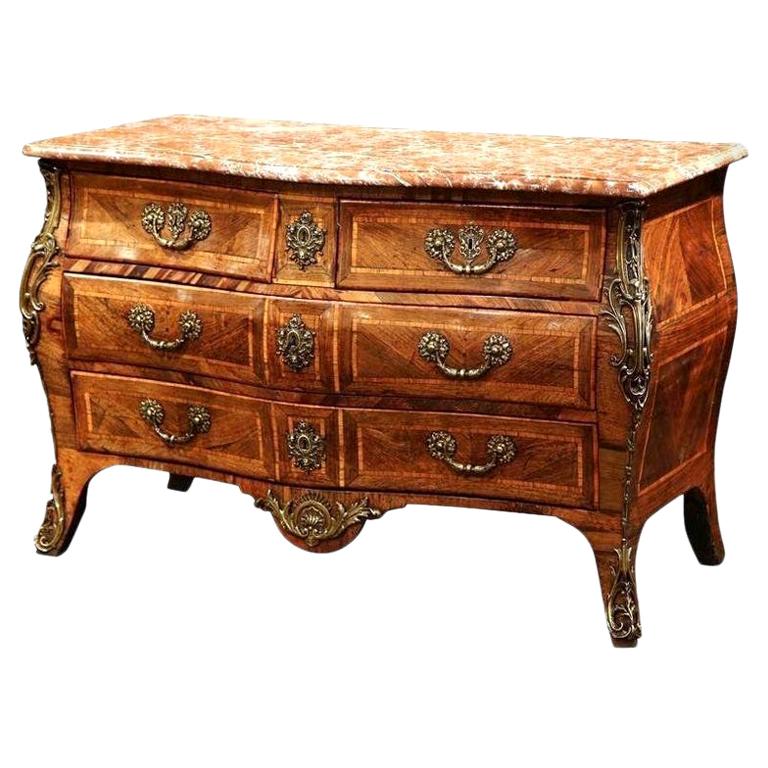 18th Century French Louis XV Walnut Inlay Bombe Chest of Drawers with Marble Top