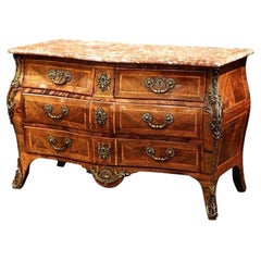 Antique 18th Century French Louis XV Walnut Inlay Bombe Chest of Drawers with Marble Top