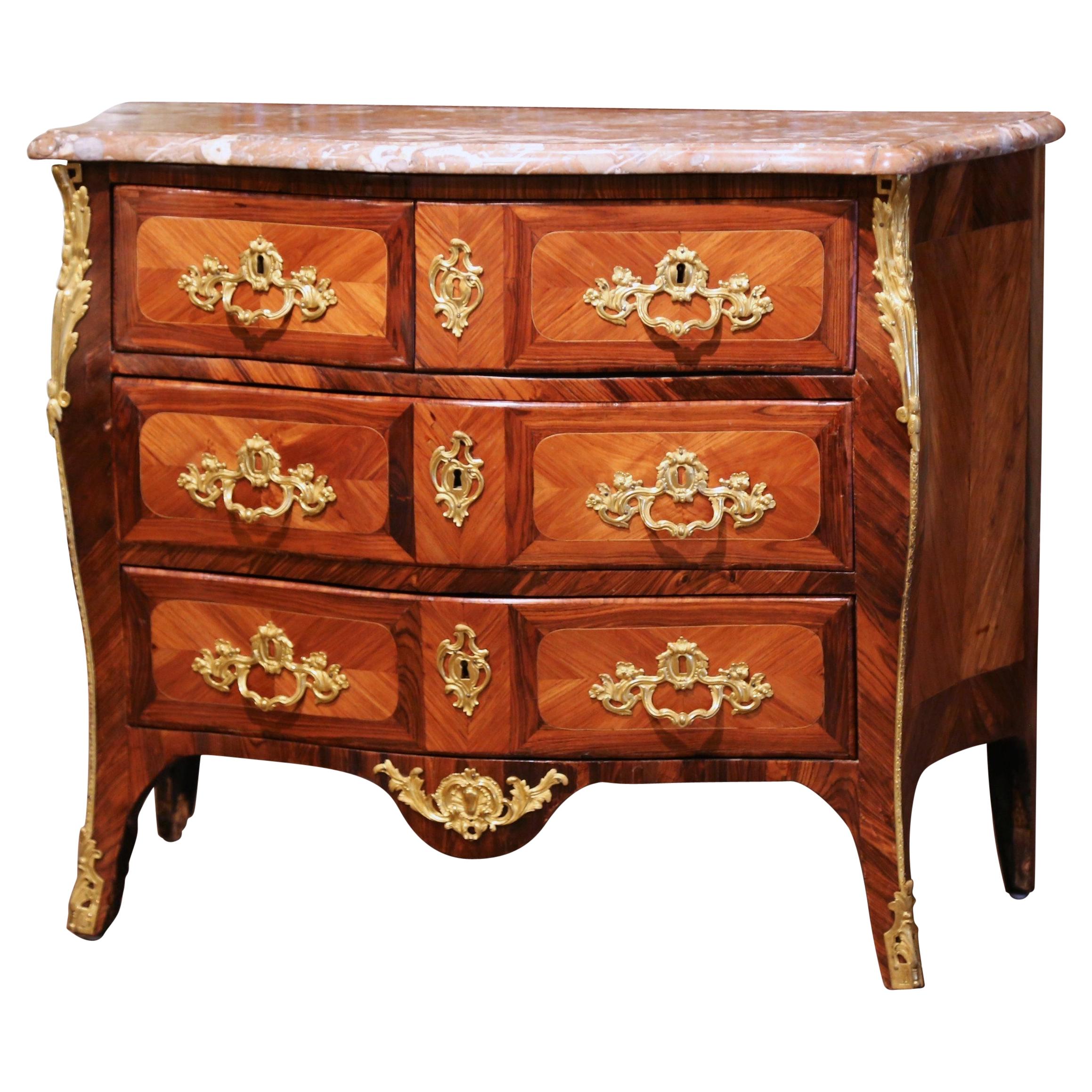 18th Century French Louis XV Walnut Inlay Bombe Chest of Drawers with Marble Top
