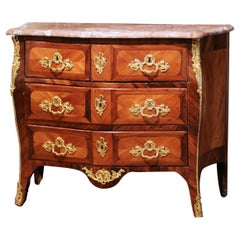 Antique 18th Century French Louis XV Walnut Inlay Bombe Chest of Drawers with Marble Top