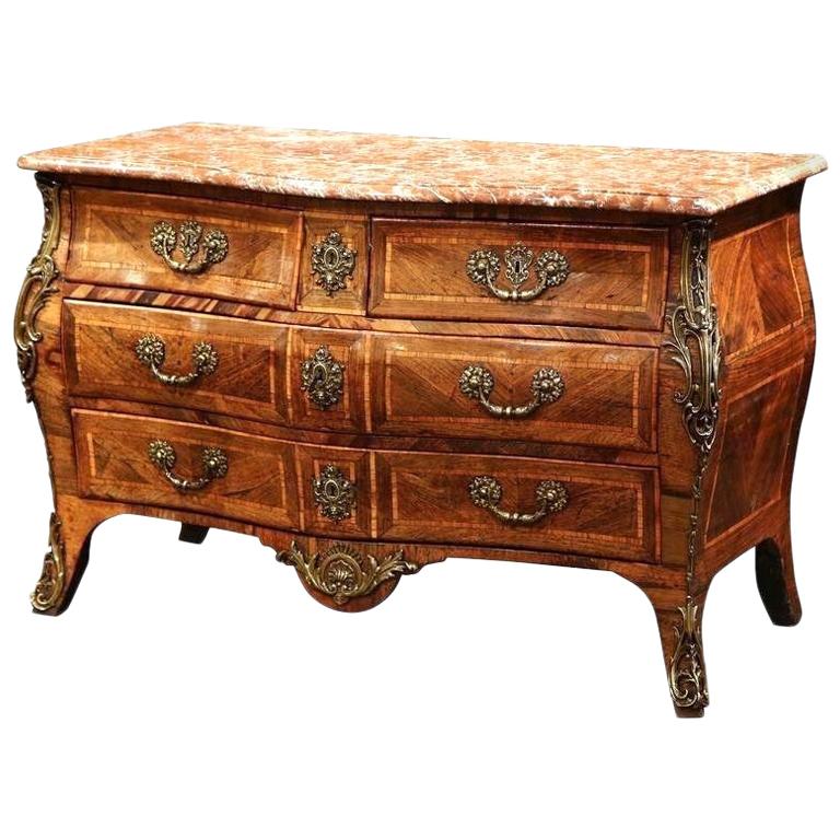 18th Century French Louis Xv Walnut Inlay Bombe Chest Of Drawers