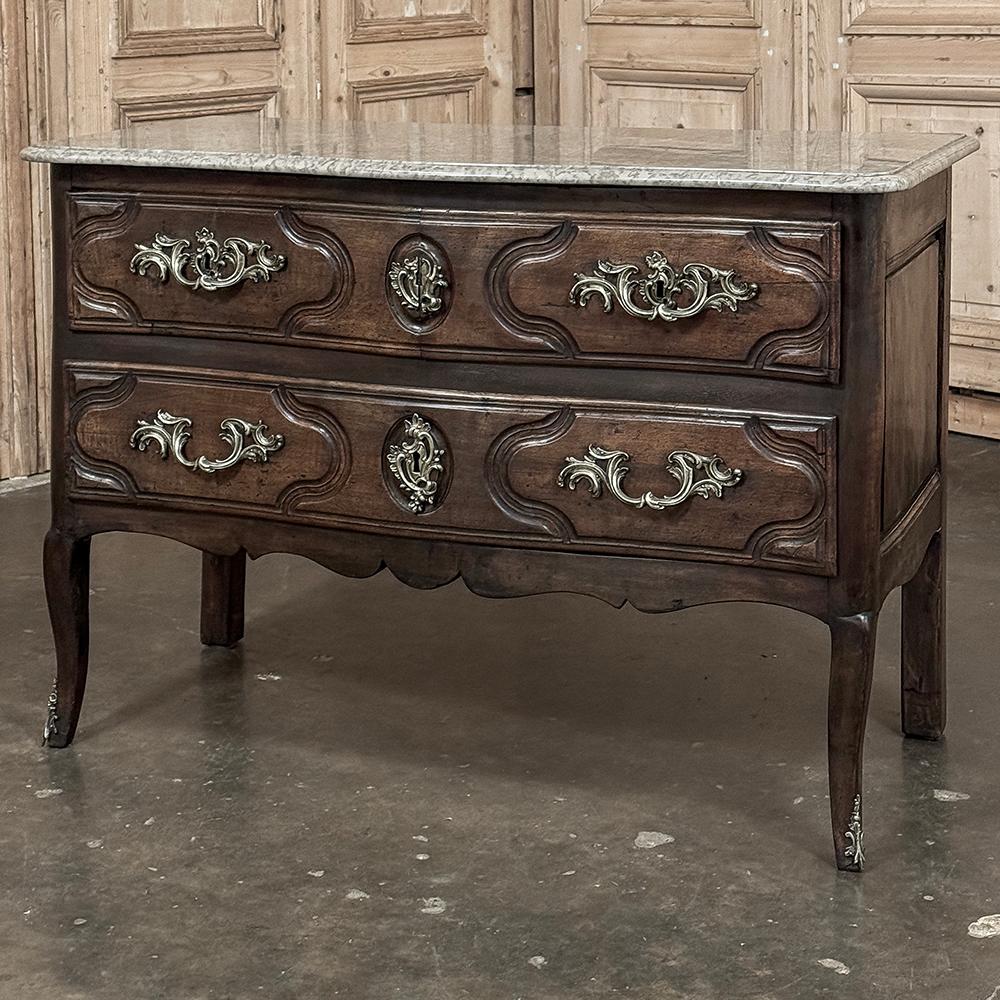 Hand-Carved 18th Century French Louis XV Walnut Marble Top Commode For Sale