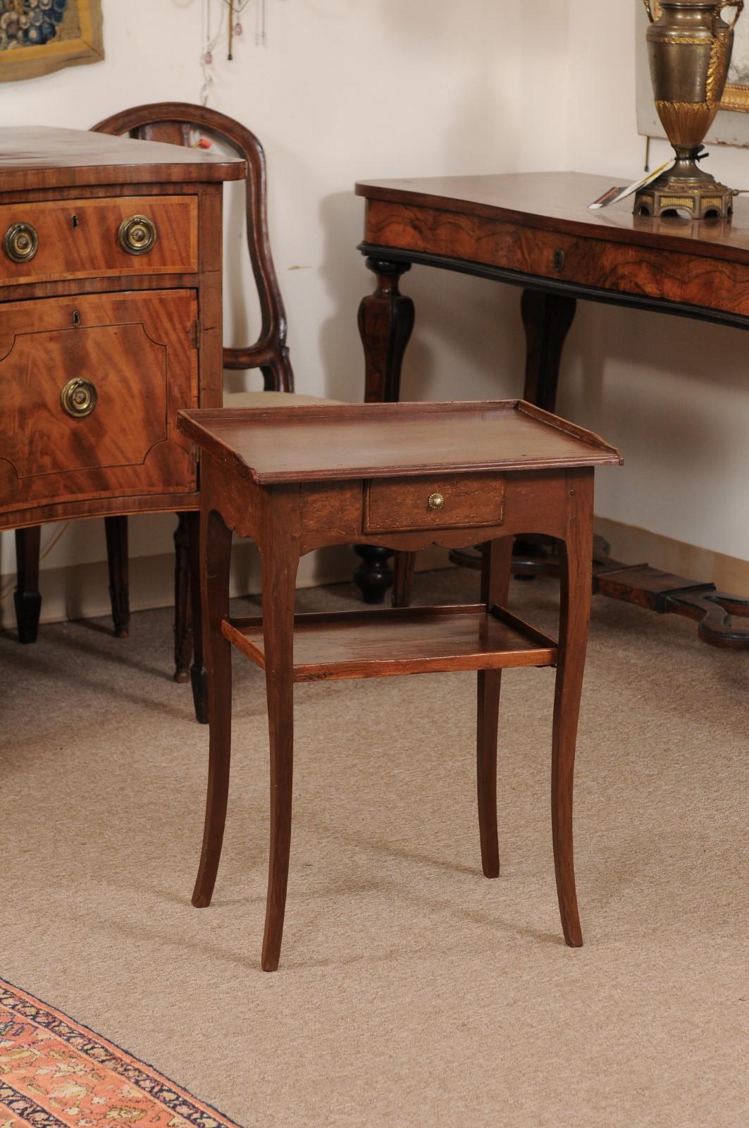 18th Century French Louis XV Walnut Side Table with Drawer & Lower Shelf