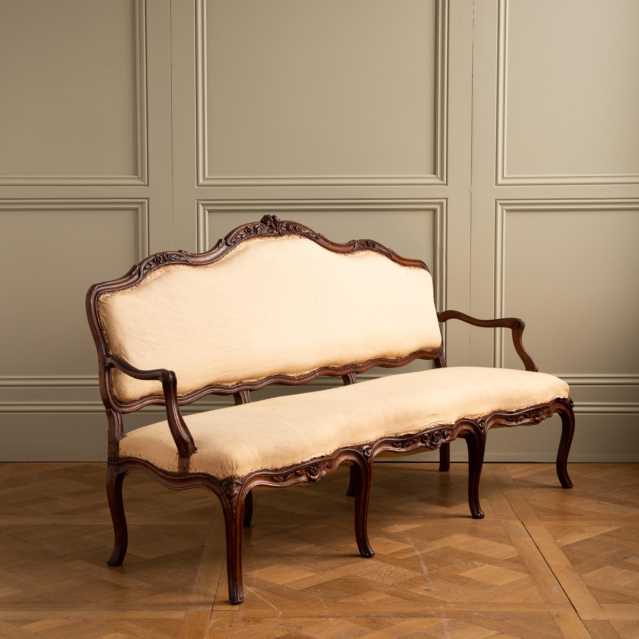 Upholstery 18th Century French Louis XV Walnut  Sofa For Sale