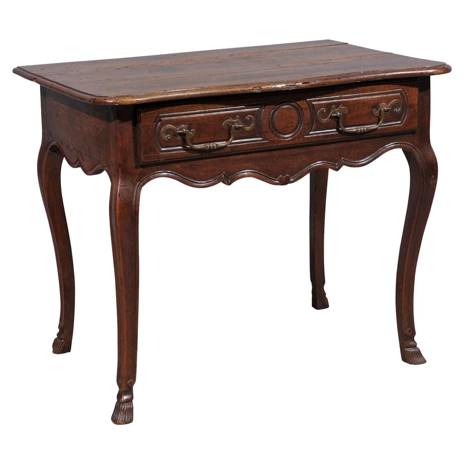 18th Century French Louis XV Walnut Table with Drawer and Hoof Feet