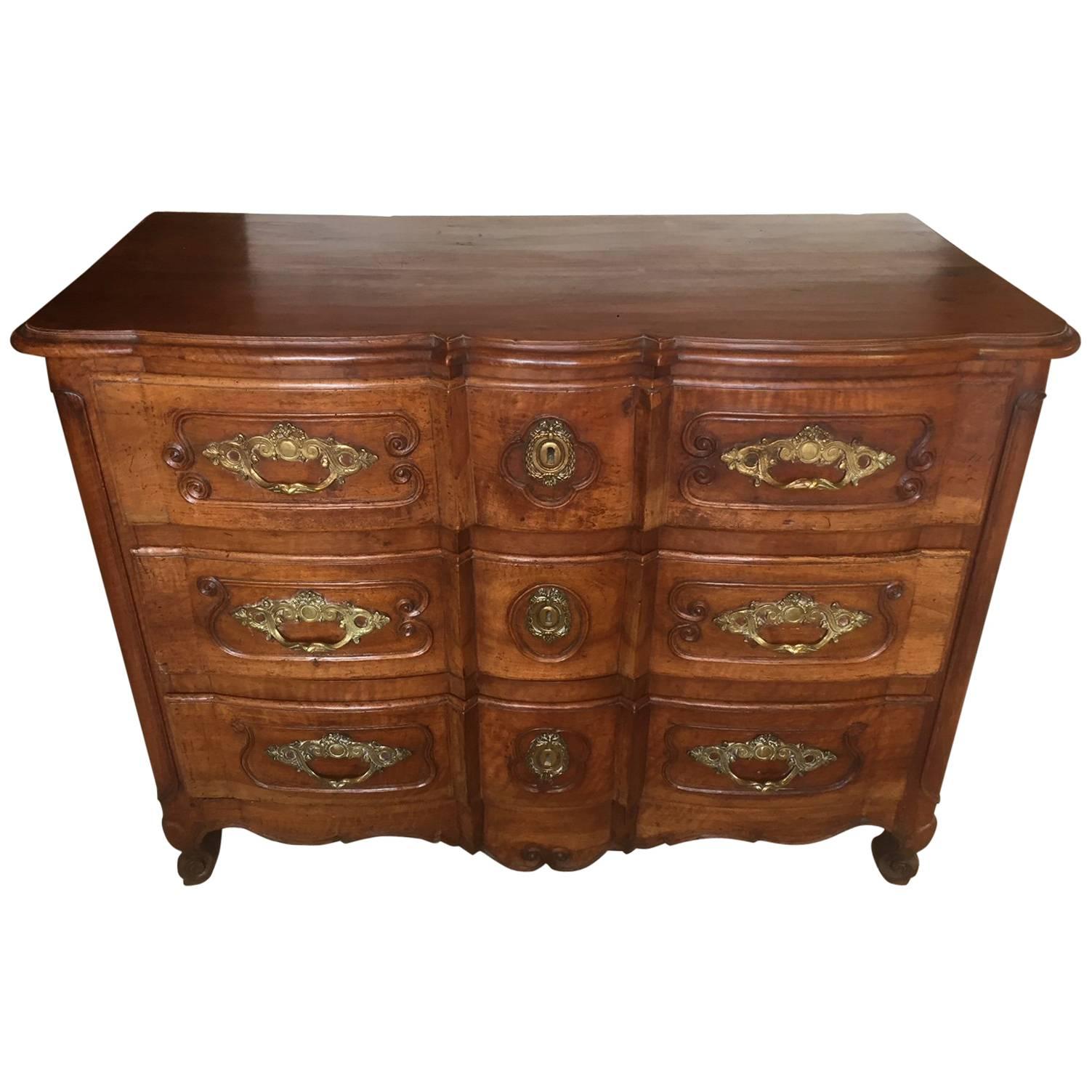 18th Century French Louis XV Walnut Three Drawers Commode